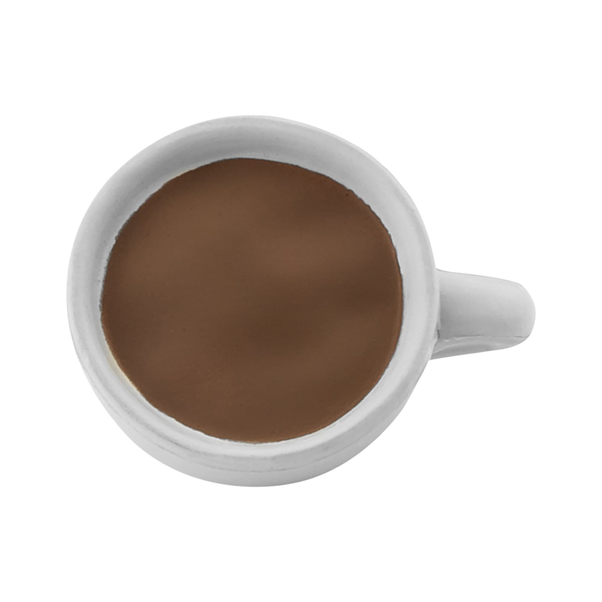 A white ceramic cup filled with a brown liquid, resembling tea or coffee, with a simple handle.