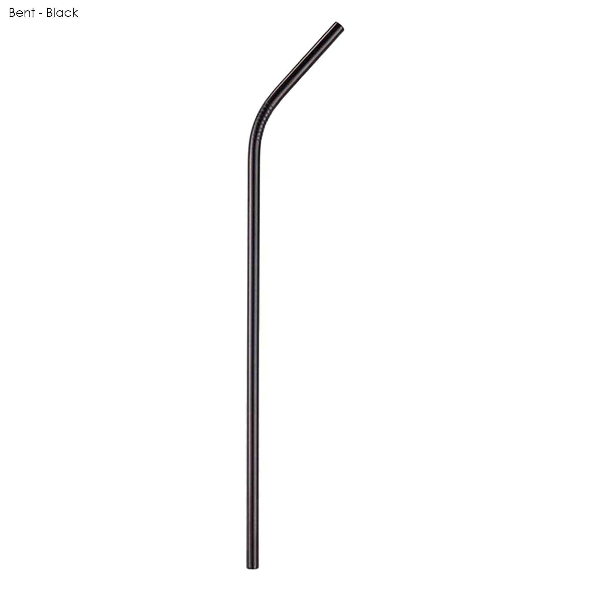 A black stainless steel straw, bent, measuring 6mm x 215mm. The straw features a logo.