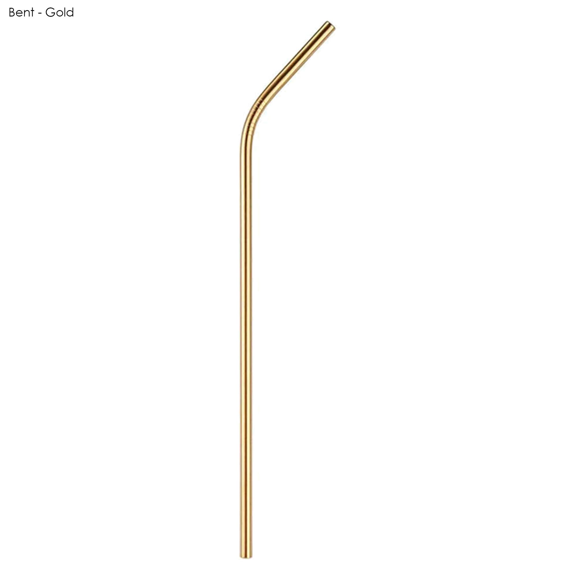 A bent stainless steel drinking straw in gold, measuring 6mm x 215mm, with a logo present.