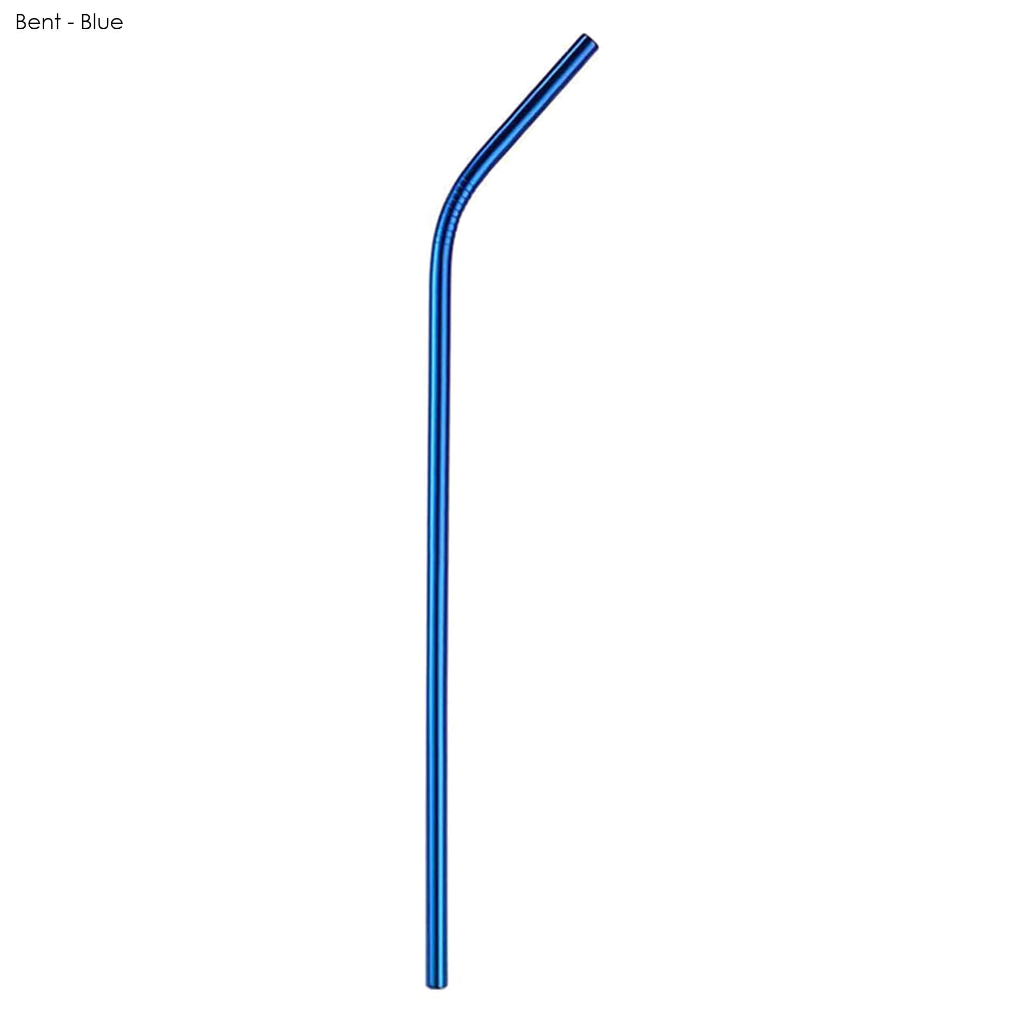A blue stainless steel drinking straw, bent shape, measuring 6mm x 266mm, featuring a logo.