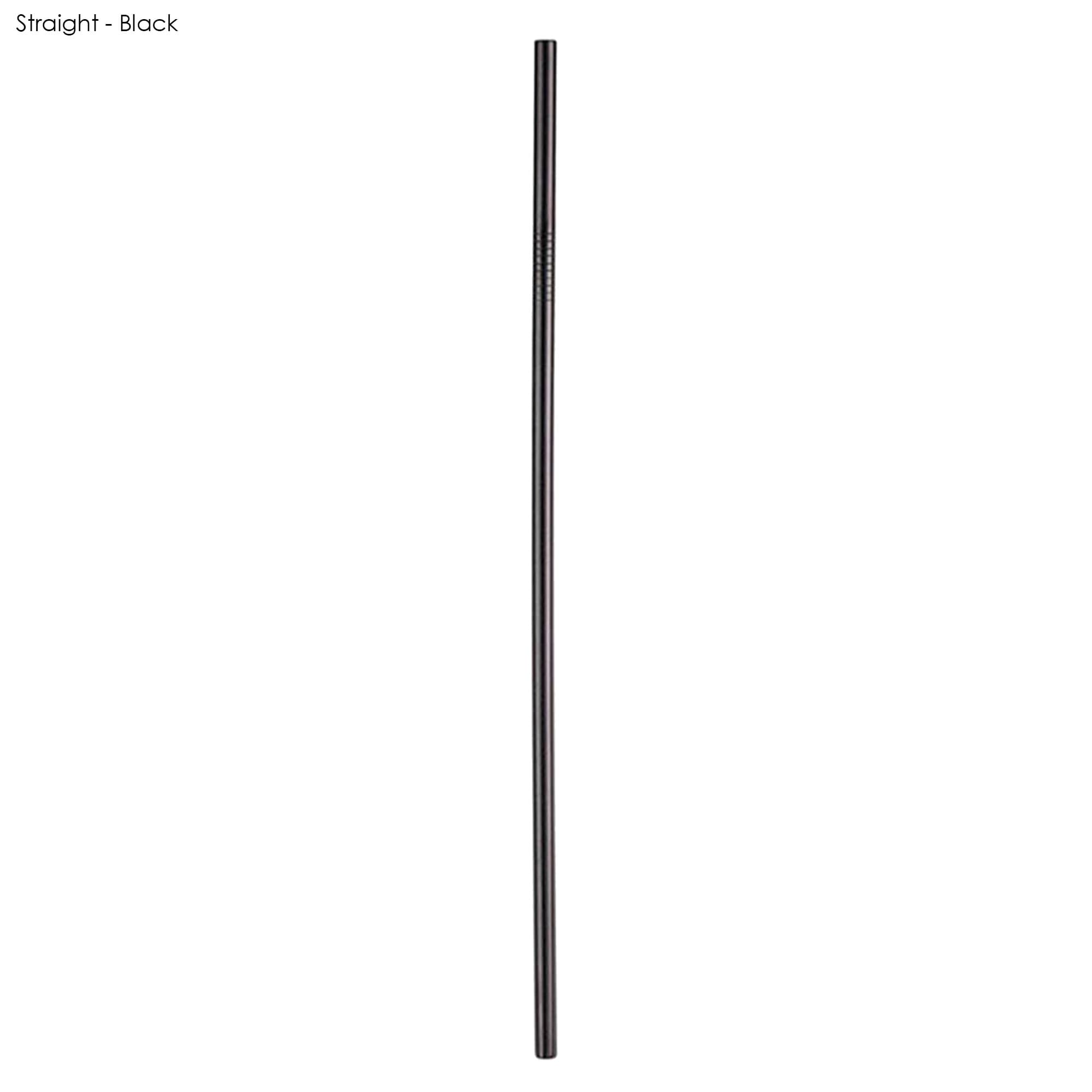 A stainless steel straw in black, measuring 6mm x 215mm, with a logo visible on the product.