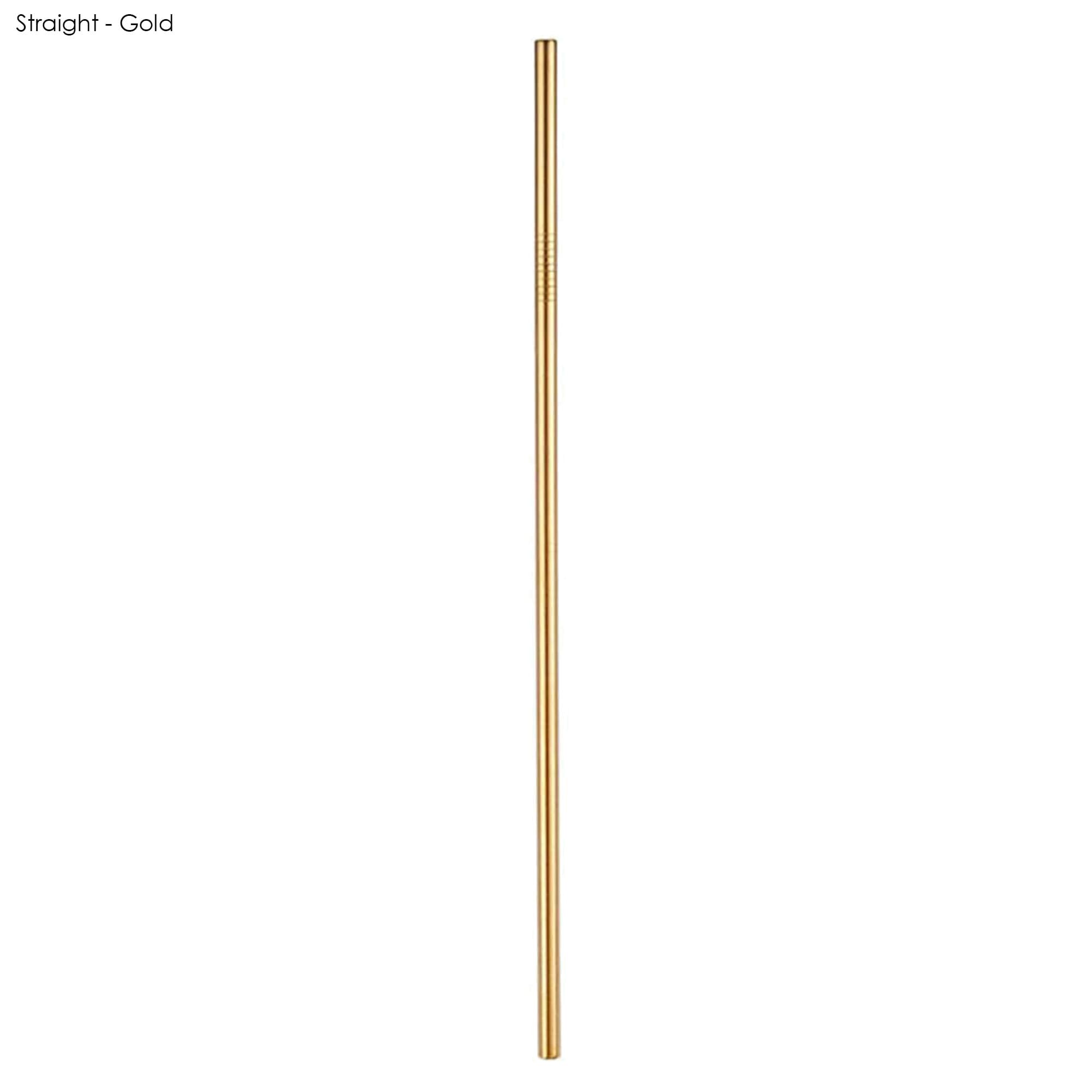 A gold stainless steel straw, 6mm x 215mm, featuring a straight design and a branding logo.
