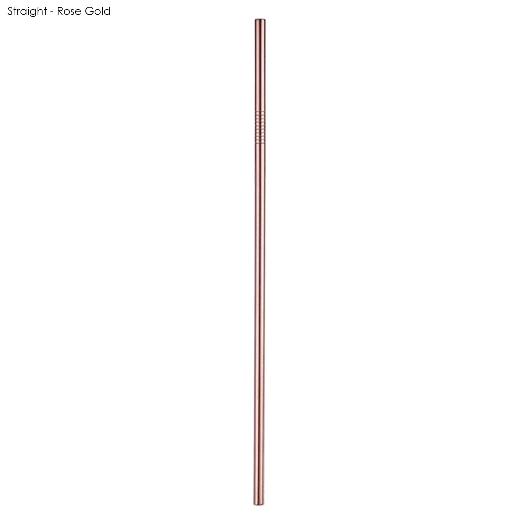 A straight stainless steel straw in rose gold, 6mm x 215mm, with a logo visible on the surface.