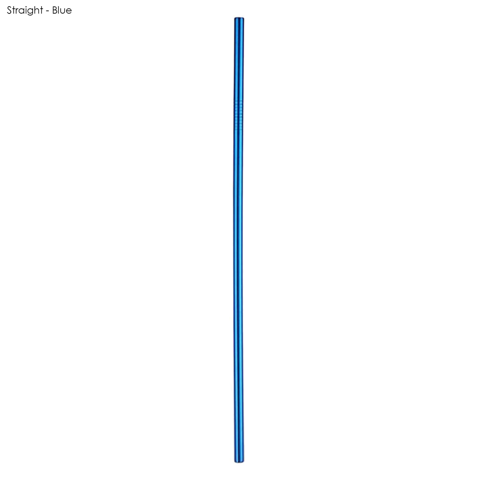 A stainless steel straw in blue, measuring 6mm x 215mm, features a sleek, straight design.