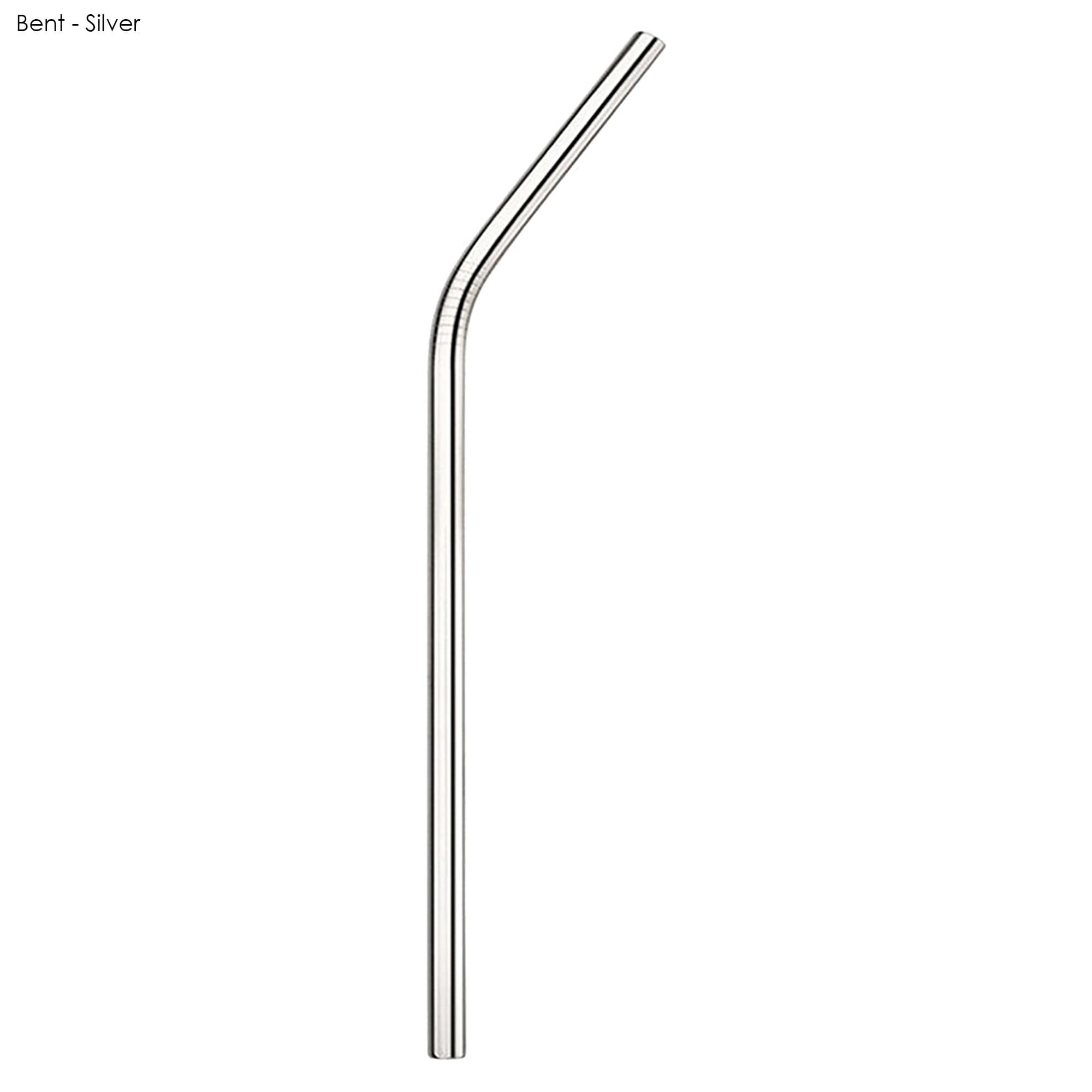 A stainless steel drinking straw in a bent design, silver in colour, with a sleek, polished finish.