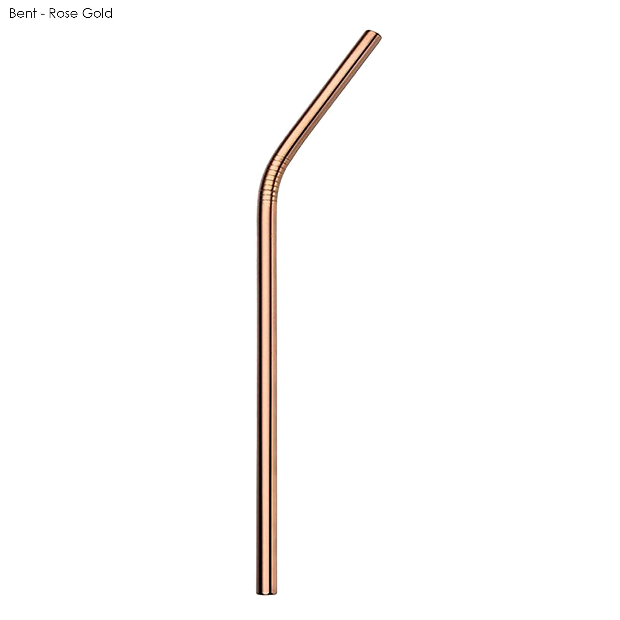 A bent stainless steel straw in rose gold, designed for drinking. Features a logo on the side.