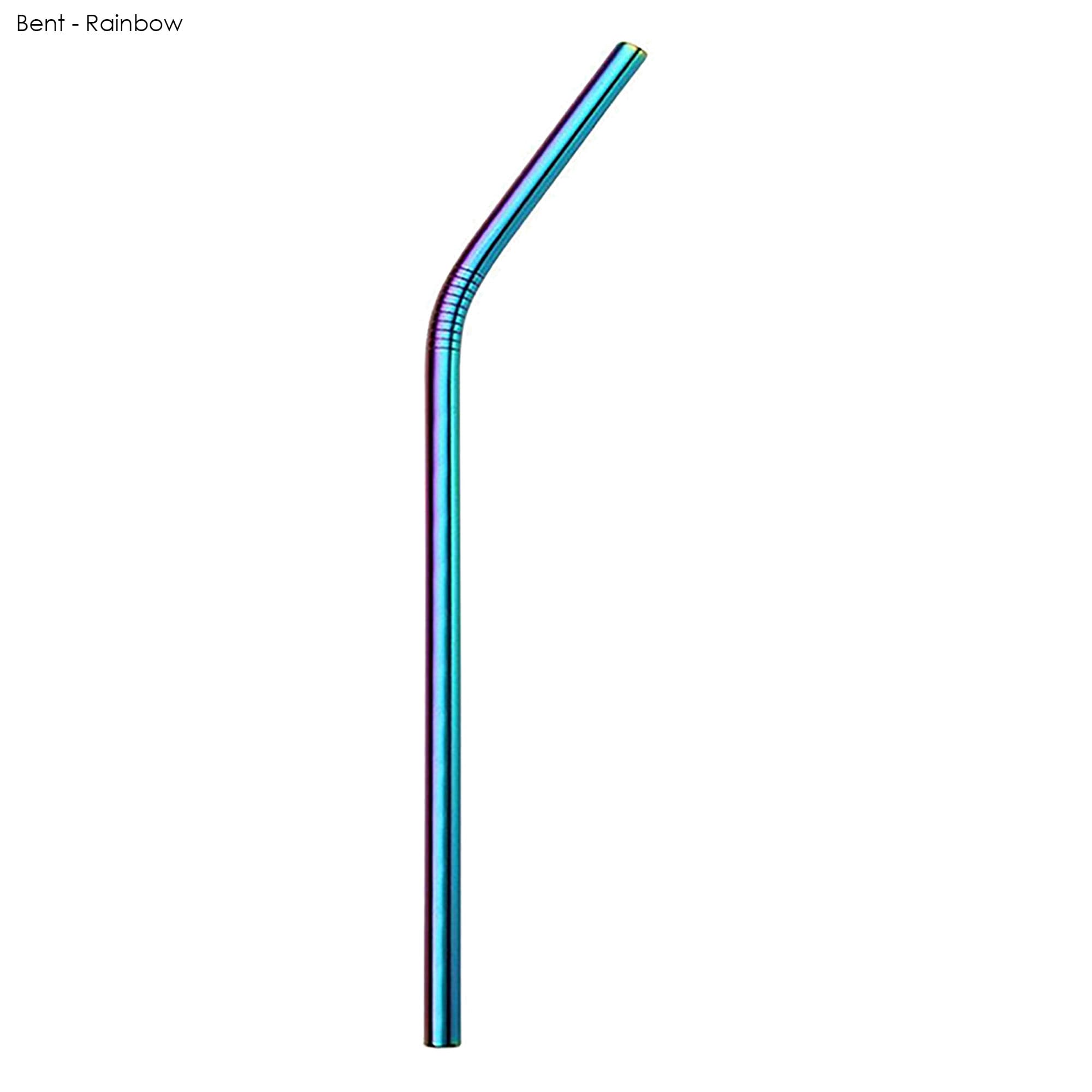 A bent stainless steel straw in a rainbow finish, 8mm x 215mm, with a sleek, reflective surface.