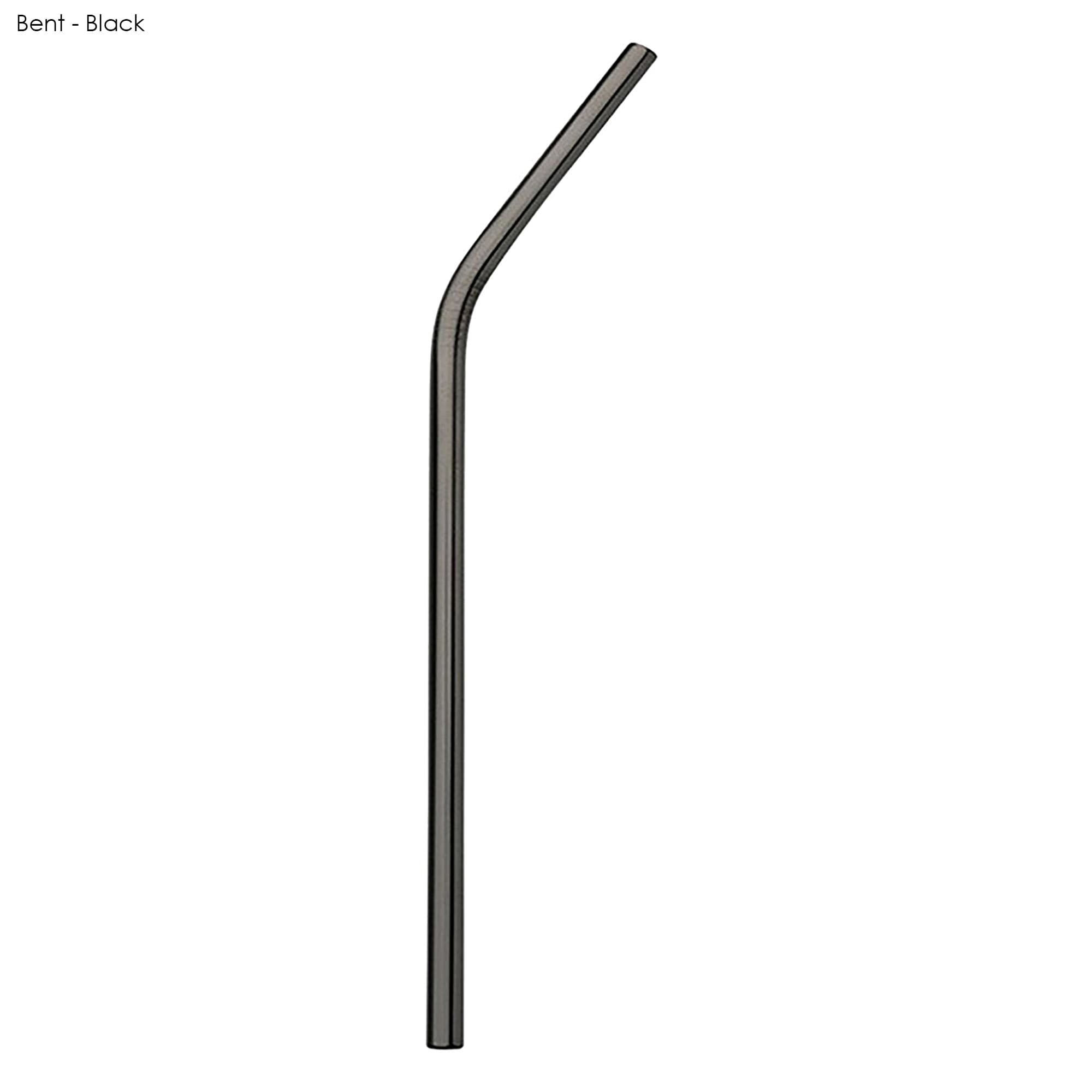 A black stainless steel straw, bent design, measuring 8mm x 215mm, features a logo.
