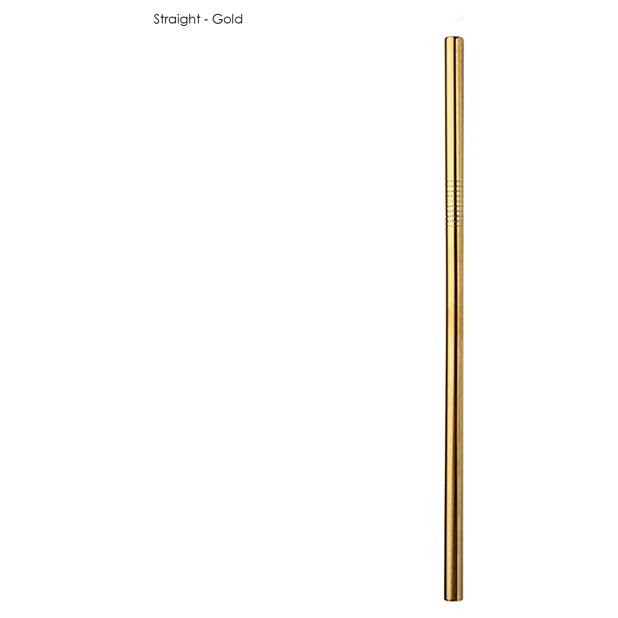 A stainless steel drinking straw in gold, measuring 8mm x 215mm, featuring a sleek design and a logo.