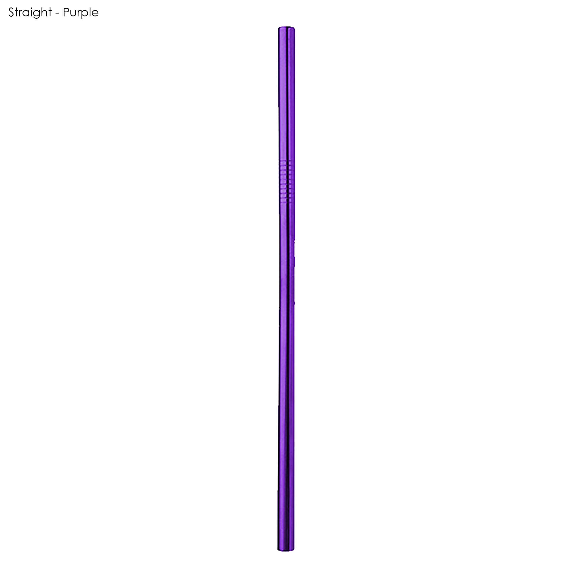 A straight, purple stainless steel straw measuring 8mm x 215mm, with a logo on the product.