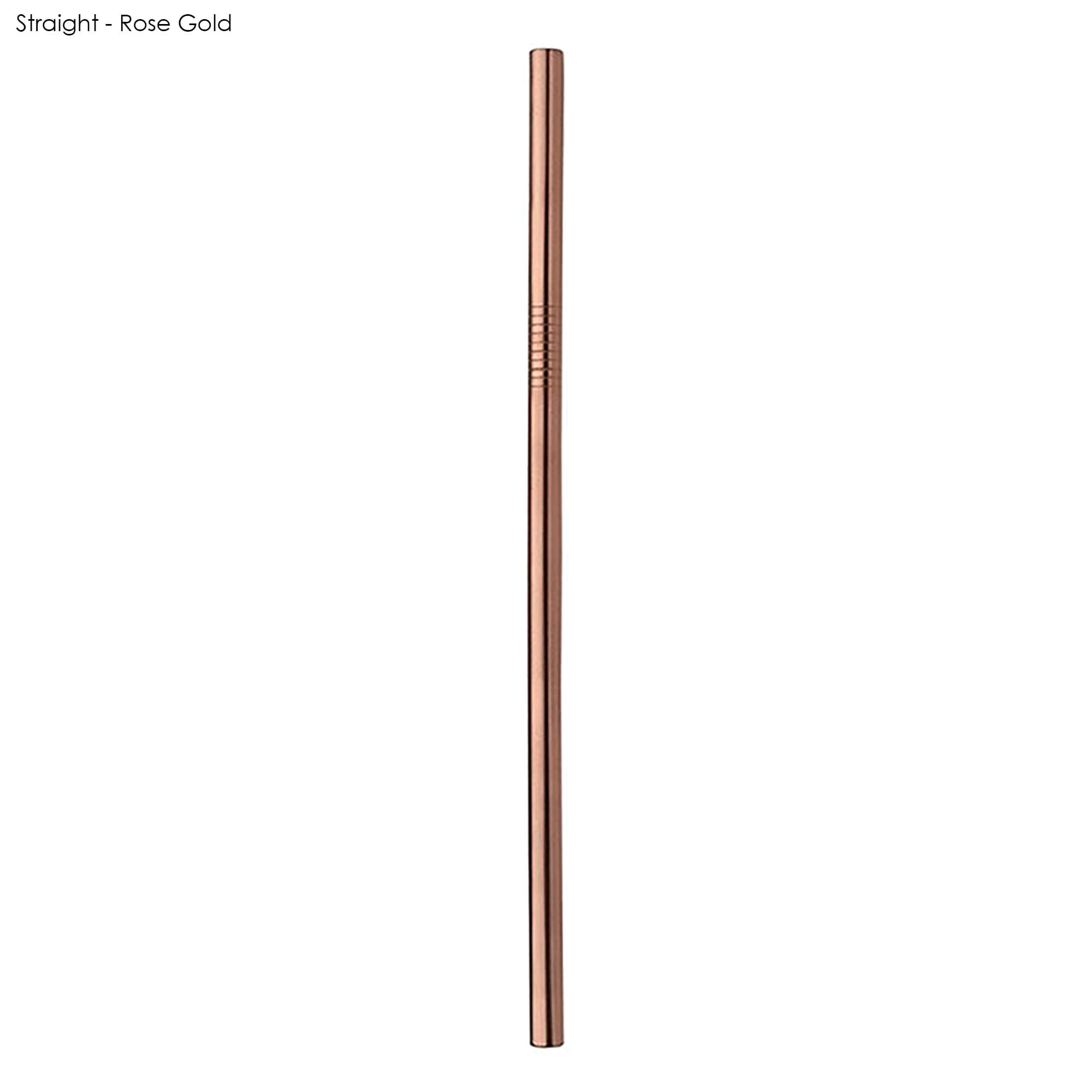 A stainless steel drinking straw in rose gold, straight design, featuring a branding logo.