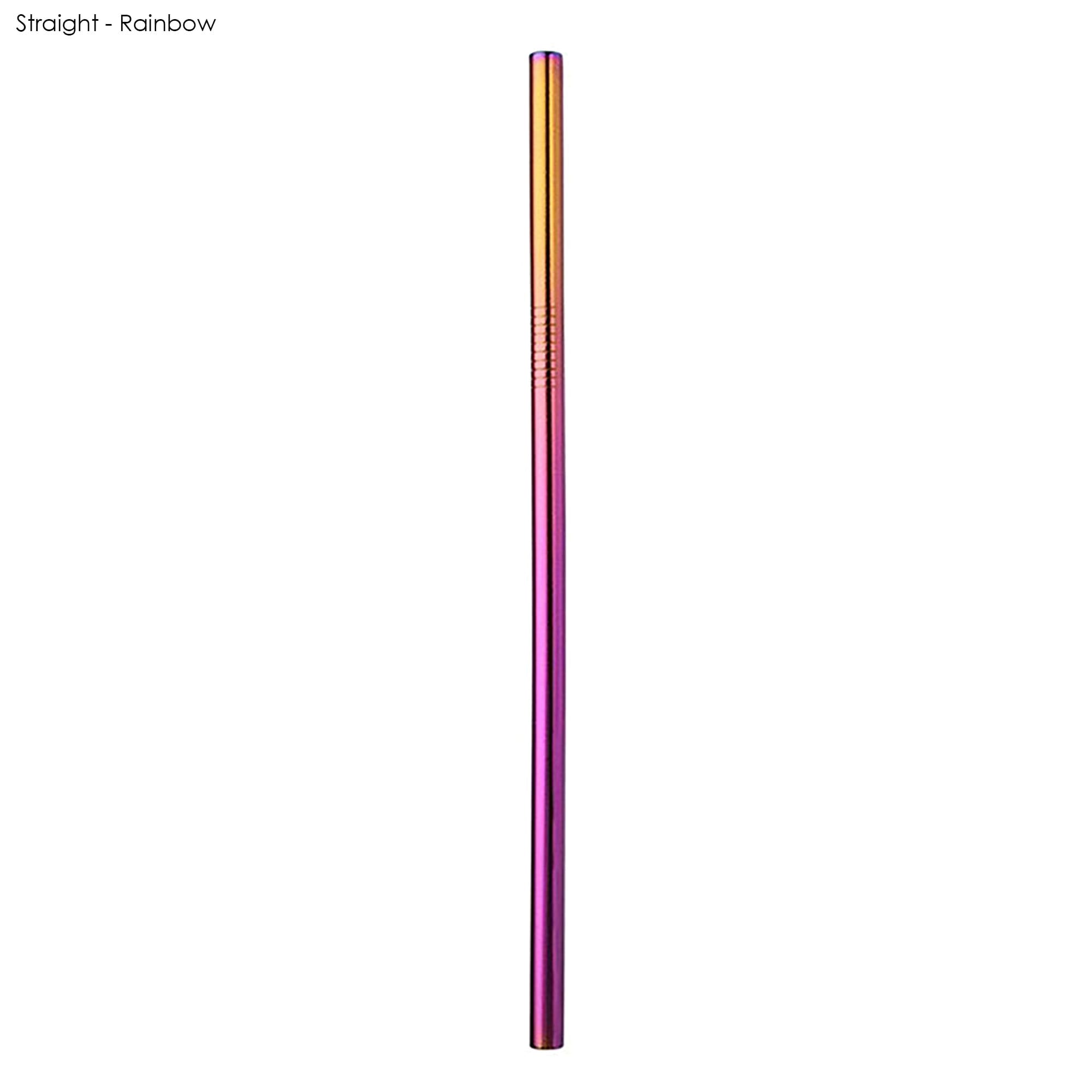 A stainless steel drinking straw in a rainbow finish, straight design. It features a logo at the top.