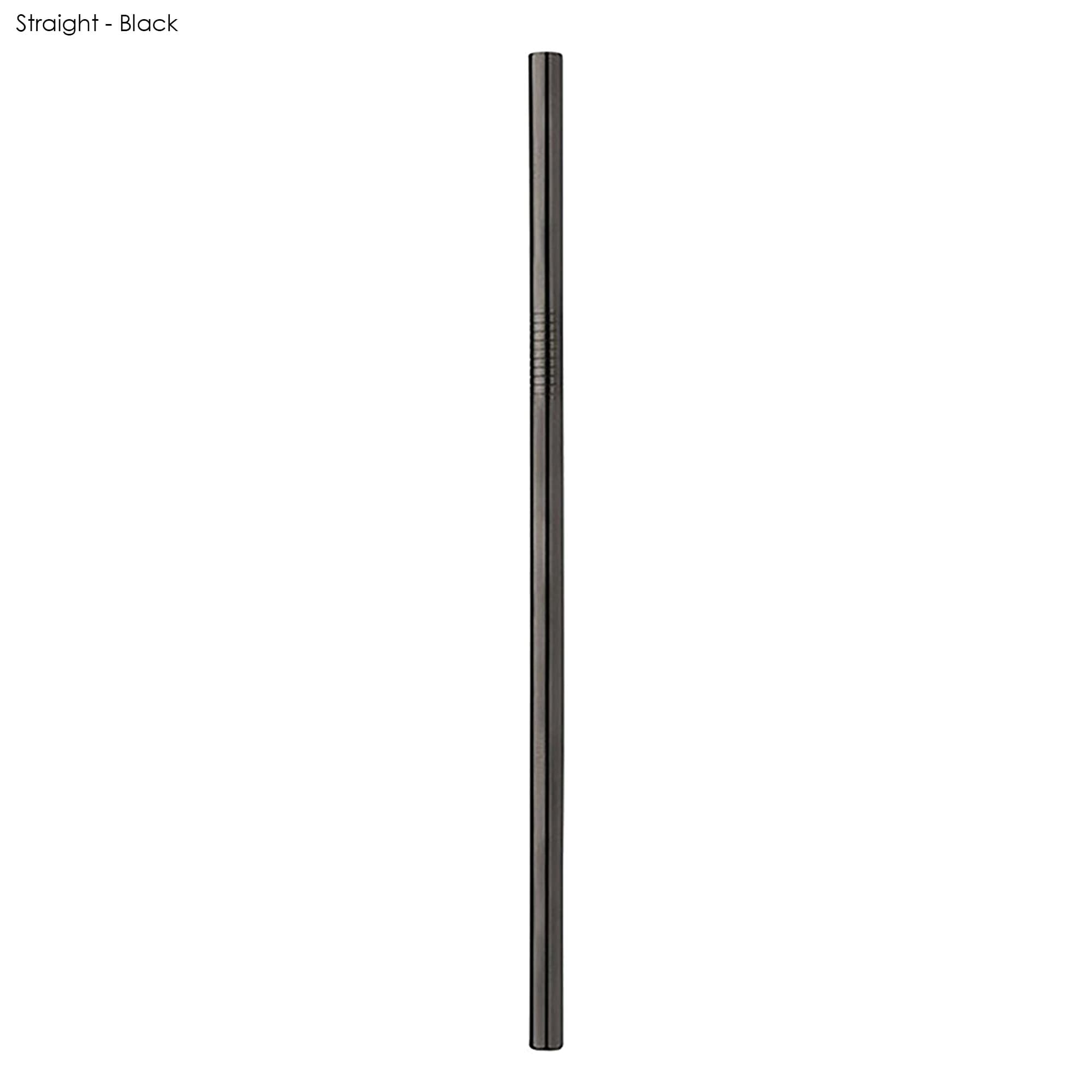 A stainless steel straw in black, measuring 8mm x 215mm. The image features a logo.