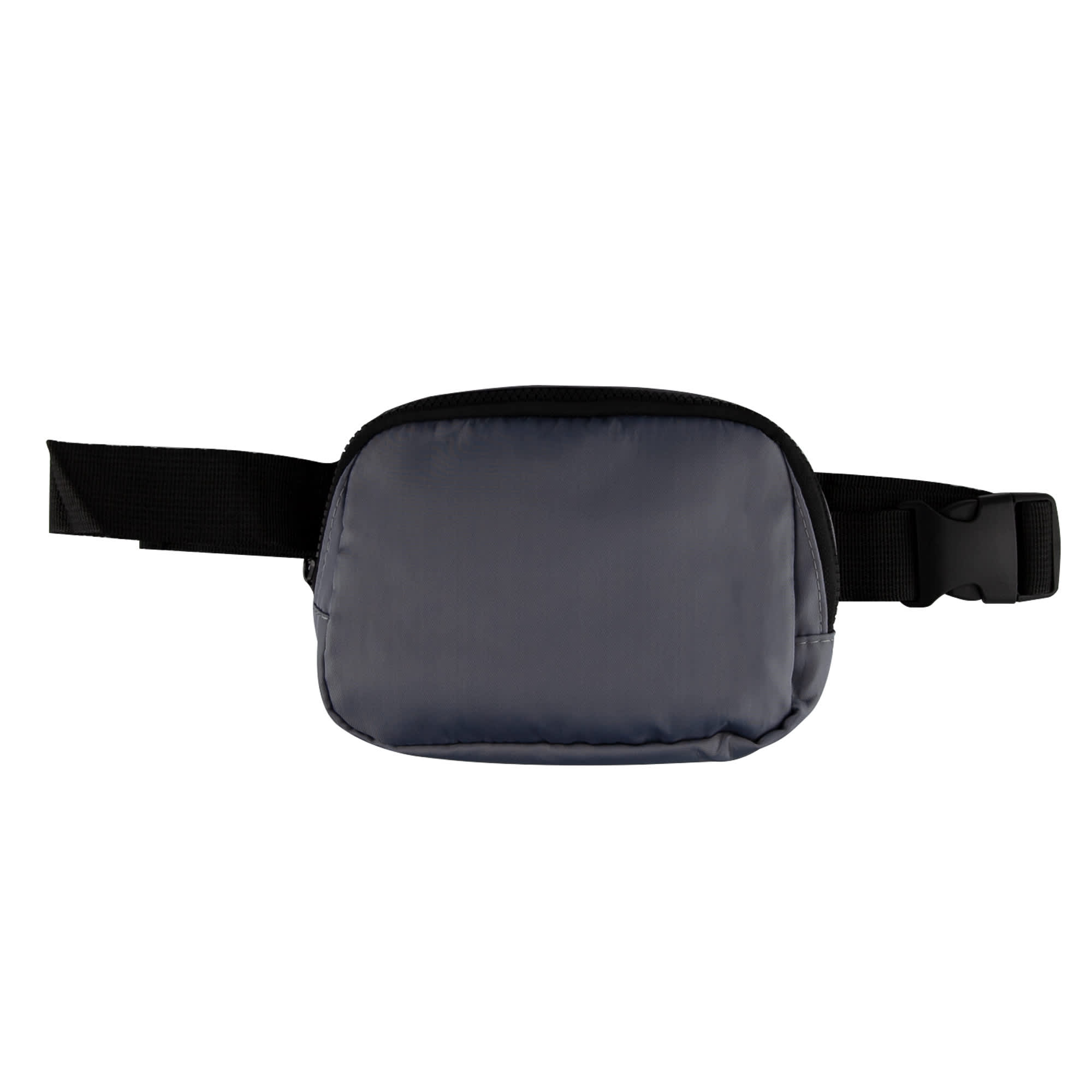 A grey belt bag with a black adjustable strap and a logo on the front.