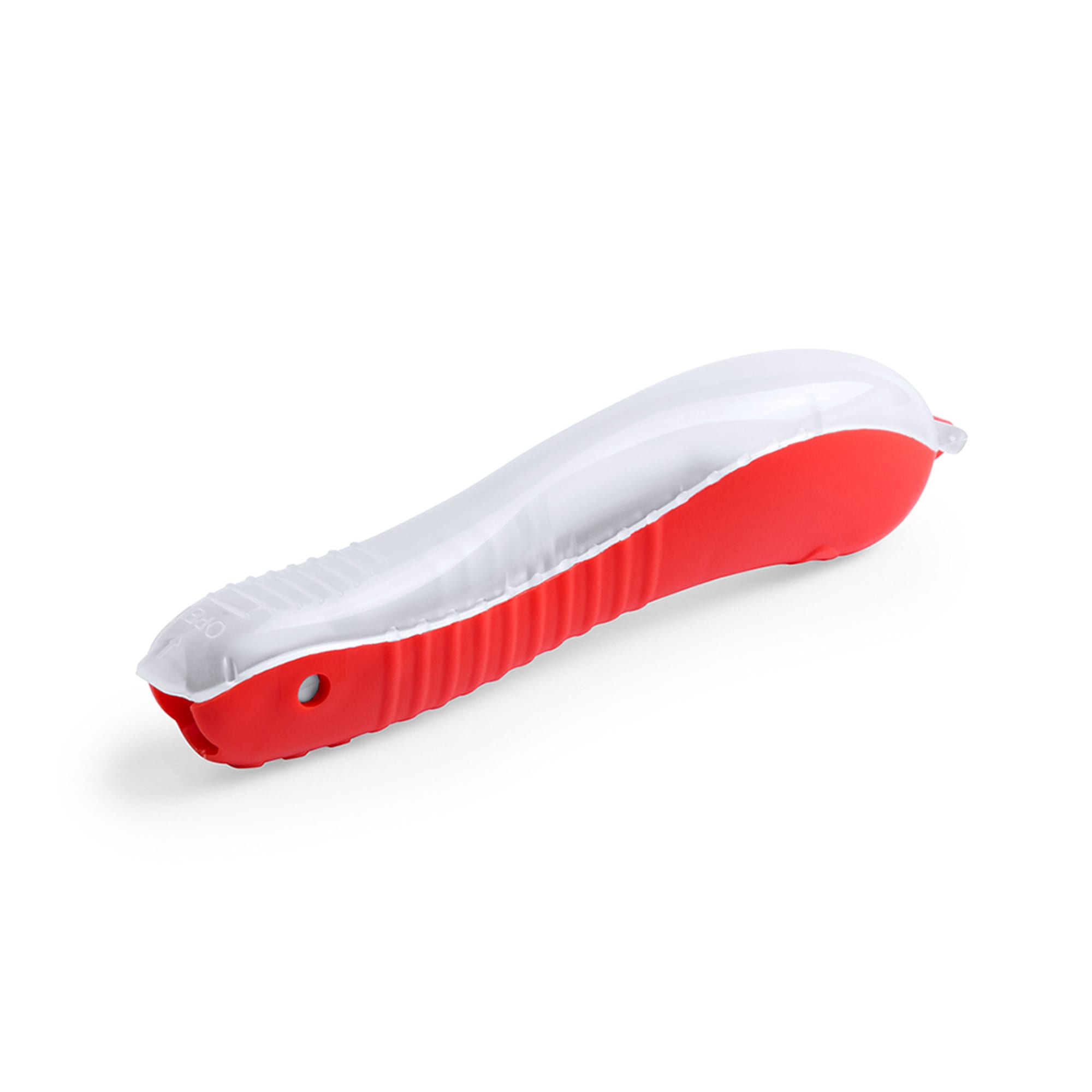 A toothbrush featuring a white and red design, with a curved handle and a textured grip. It has a logo on the side.