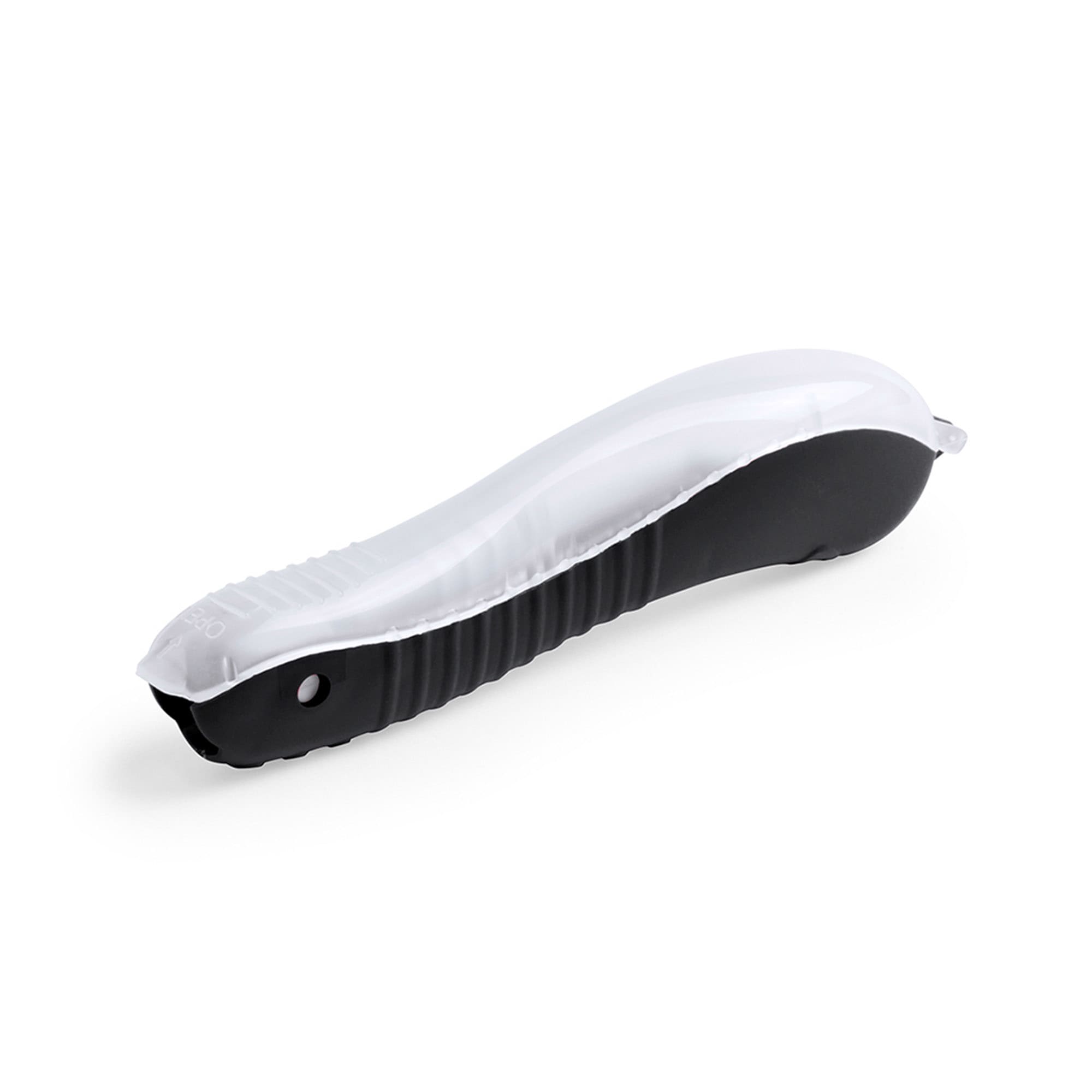 A toothbrush with a black handle and a clear protective cover. It has a textured grip for comfort.