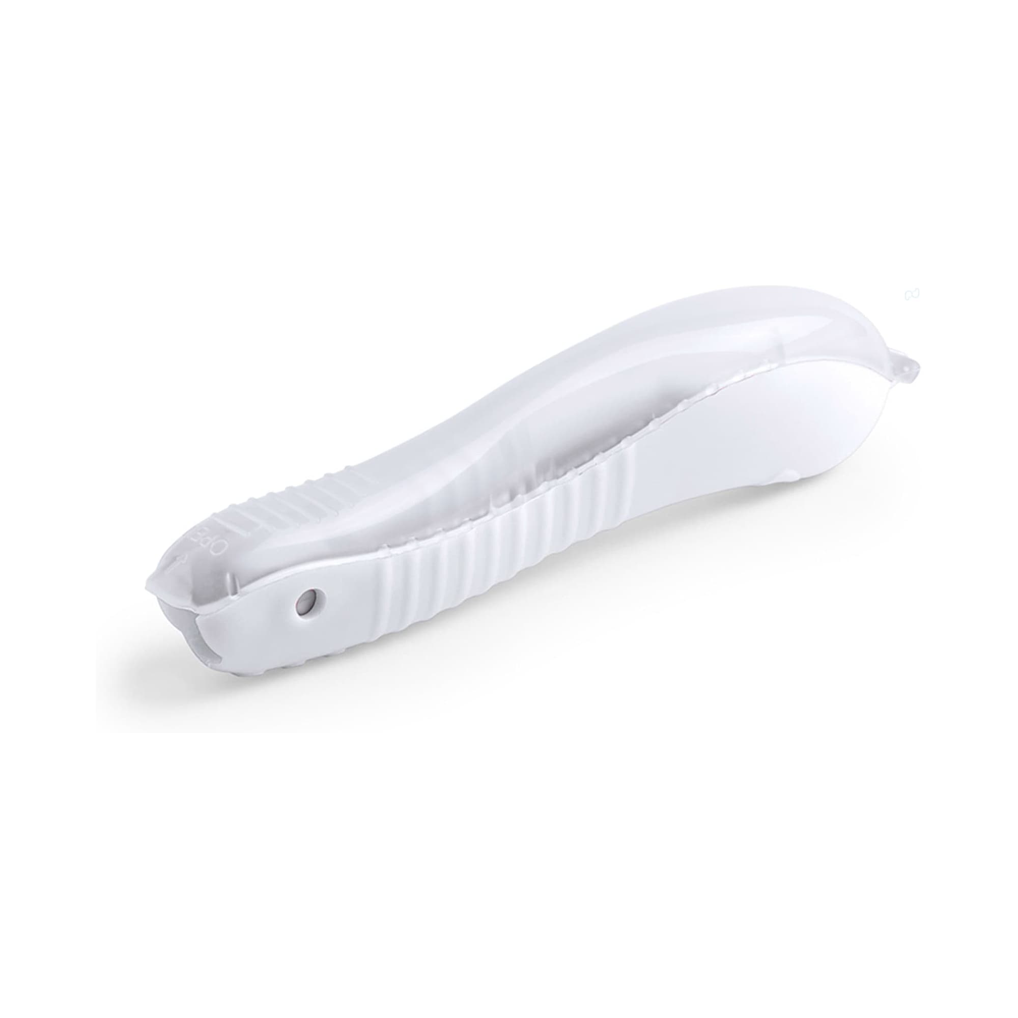 A white toothbrush with a curved design and a textured grip for comfort. It features a branding logo.