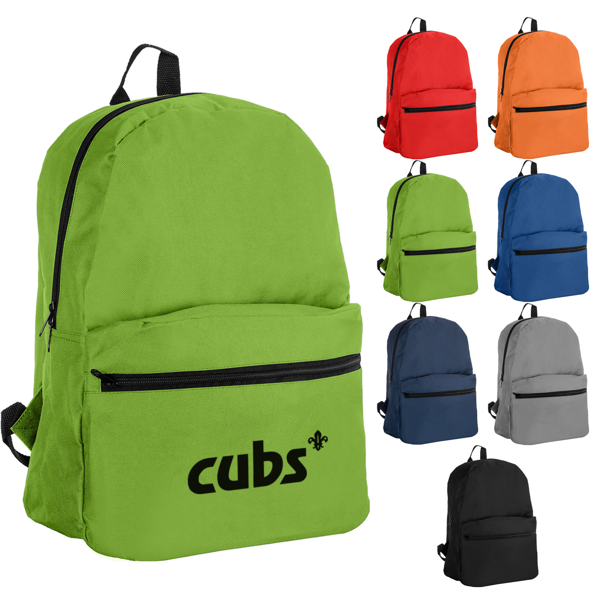 A green backpack with a front pocket, accompanied by examples in red, orange, blue, dark blue, grey, and black.