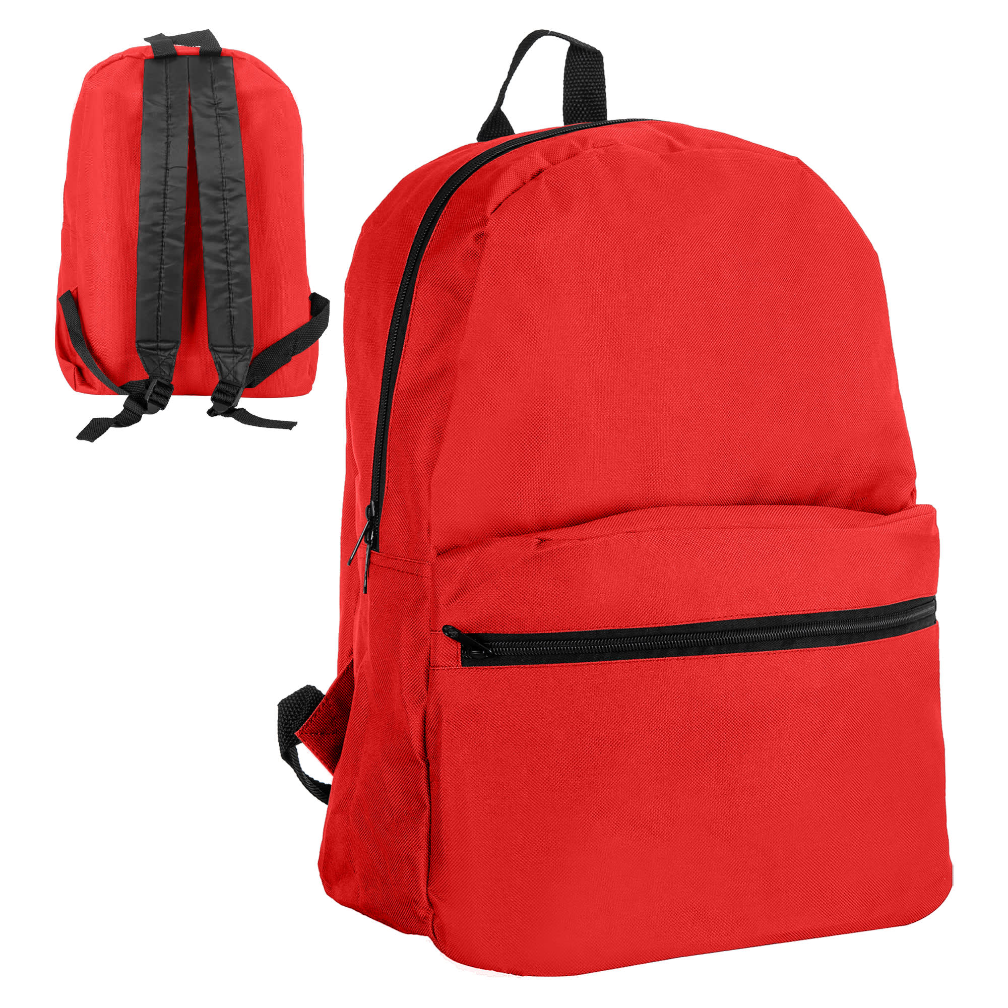 A red backpack with black accents and a front pocket, featuring adjustable shoulder straps and a logo.