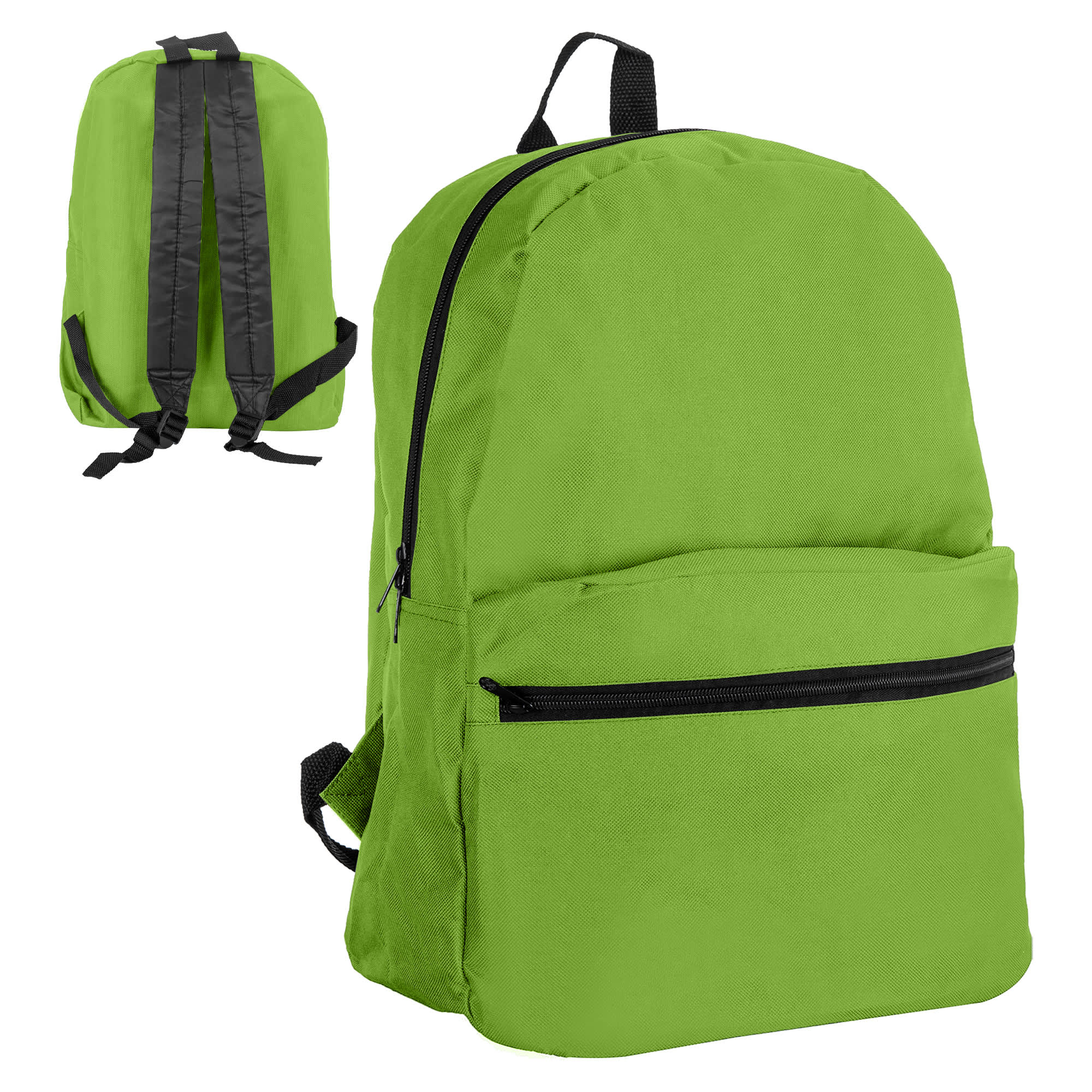 A green backpack featuring adjustable black straps and a front zip pocket, with a simple design and no visible branding.