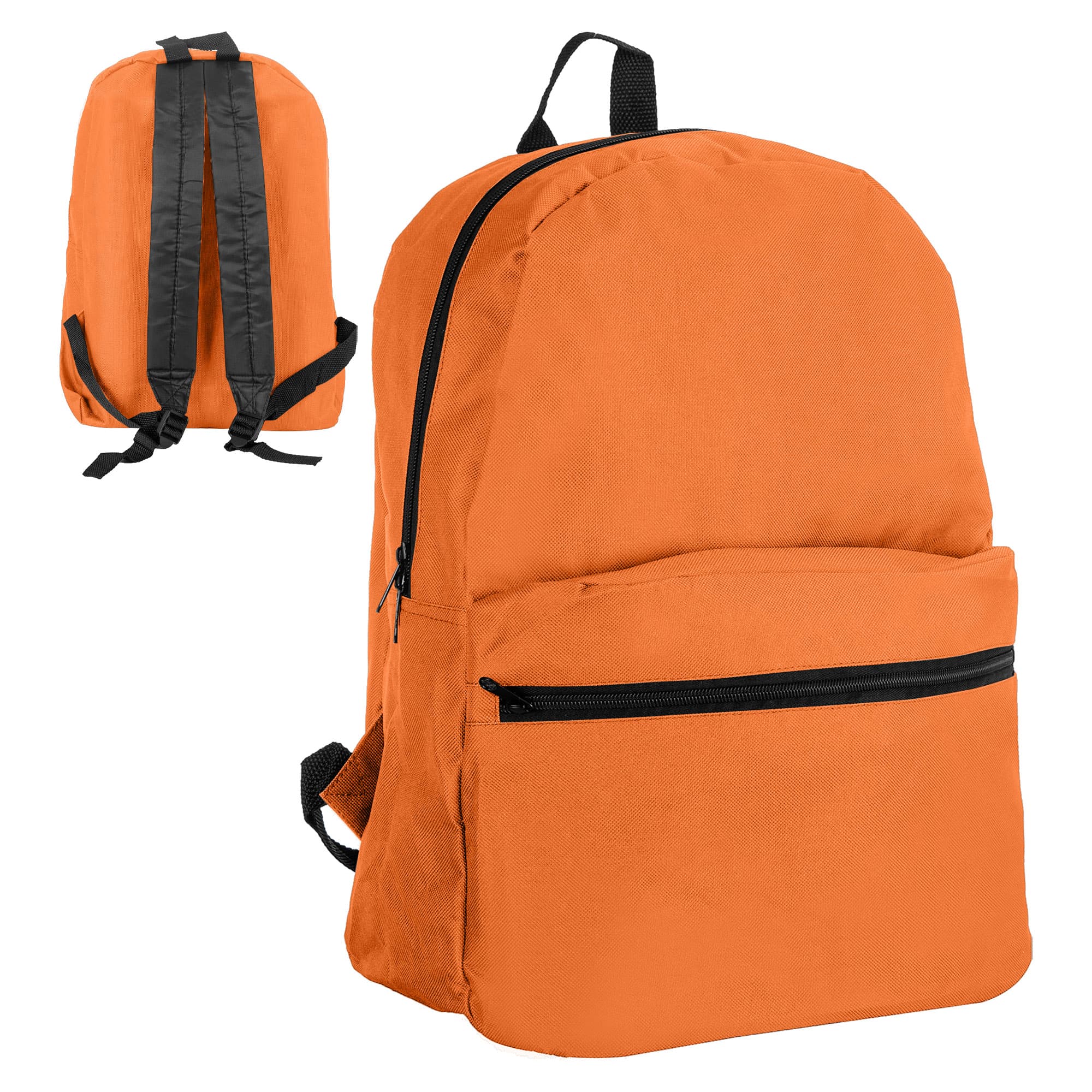 An orange backpack with black straps and a front zip pocket, featuring a logo.