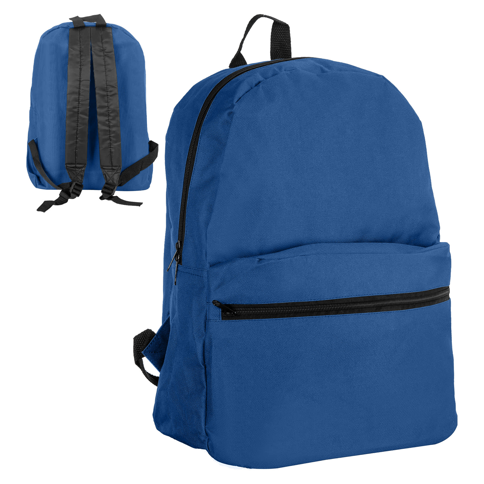 A blue backpack with black straps and a front zippered pocket, featuring a simple design and a logo.