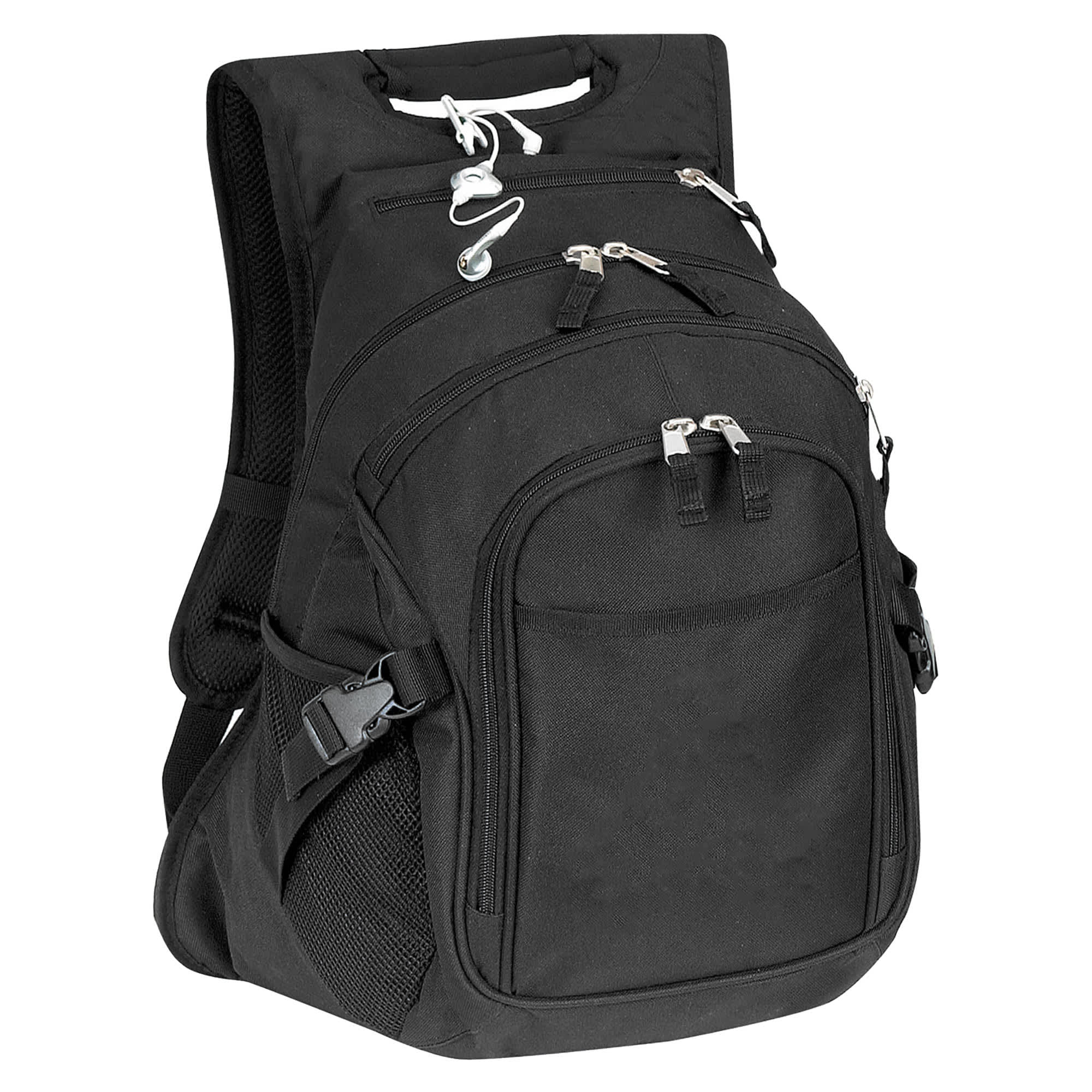 A black deluxe computer backpack with multiple zippered compartments and adjustable straps. Features a logo.