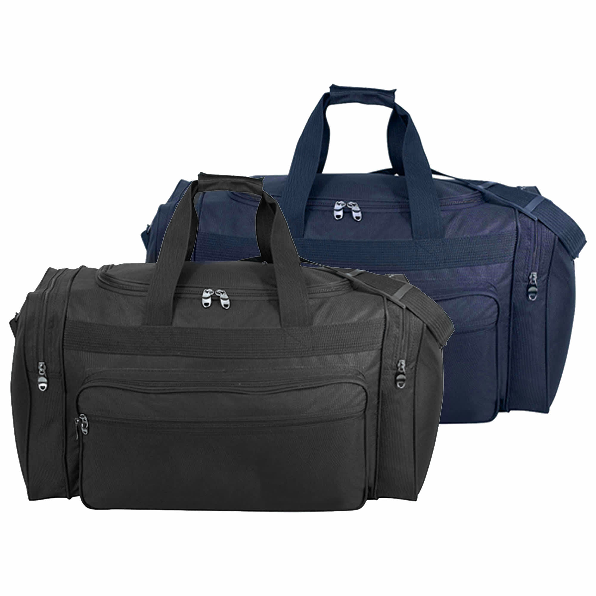 Two duffle bags in black and navy blue, featuring zippers, handles, and a logo.