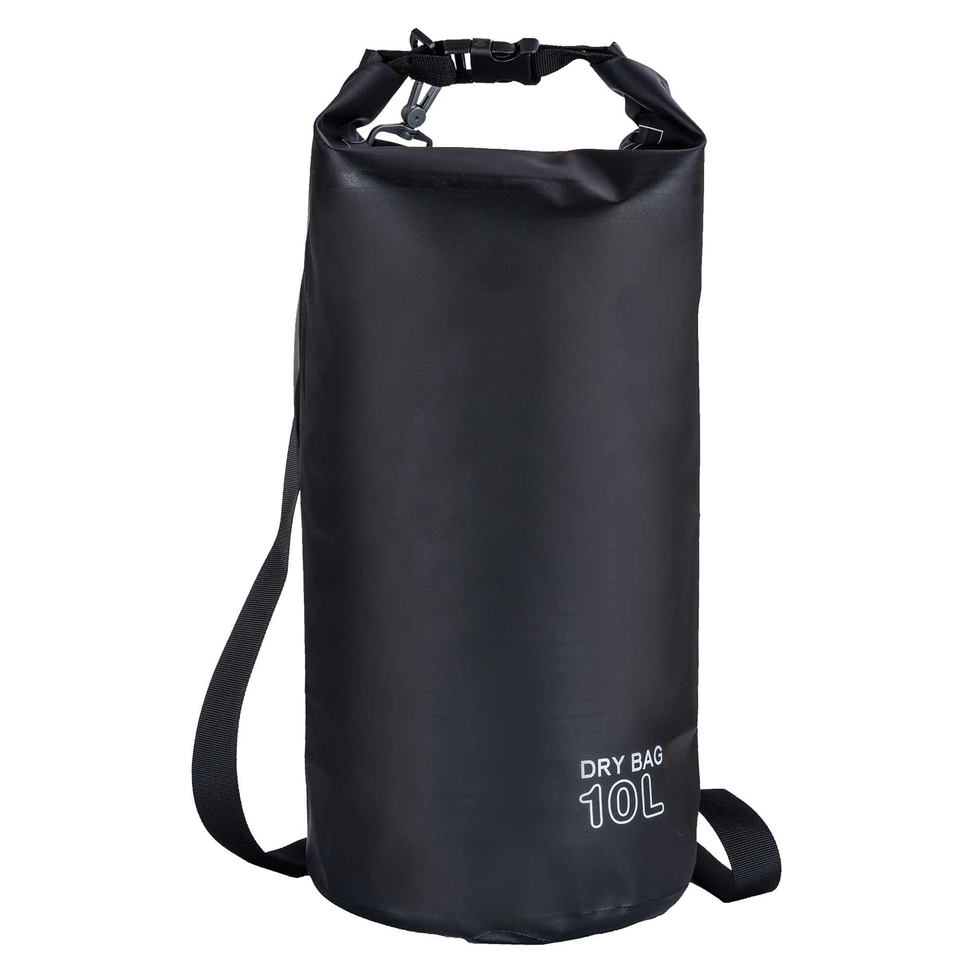A black 10L dry sack with a shoulder strap and a logo. Suitable for waterproof storage.