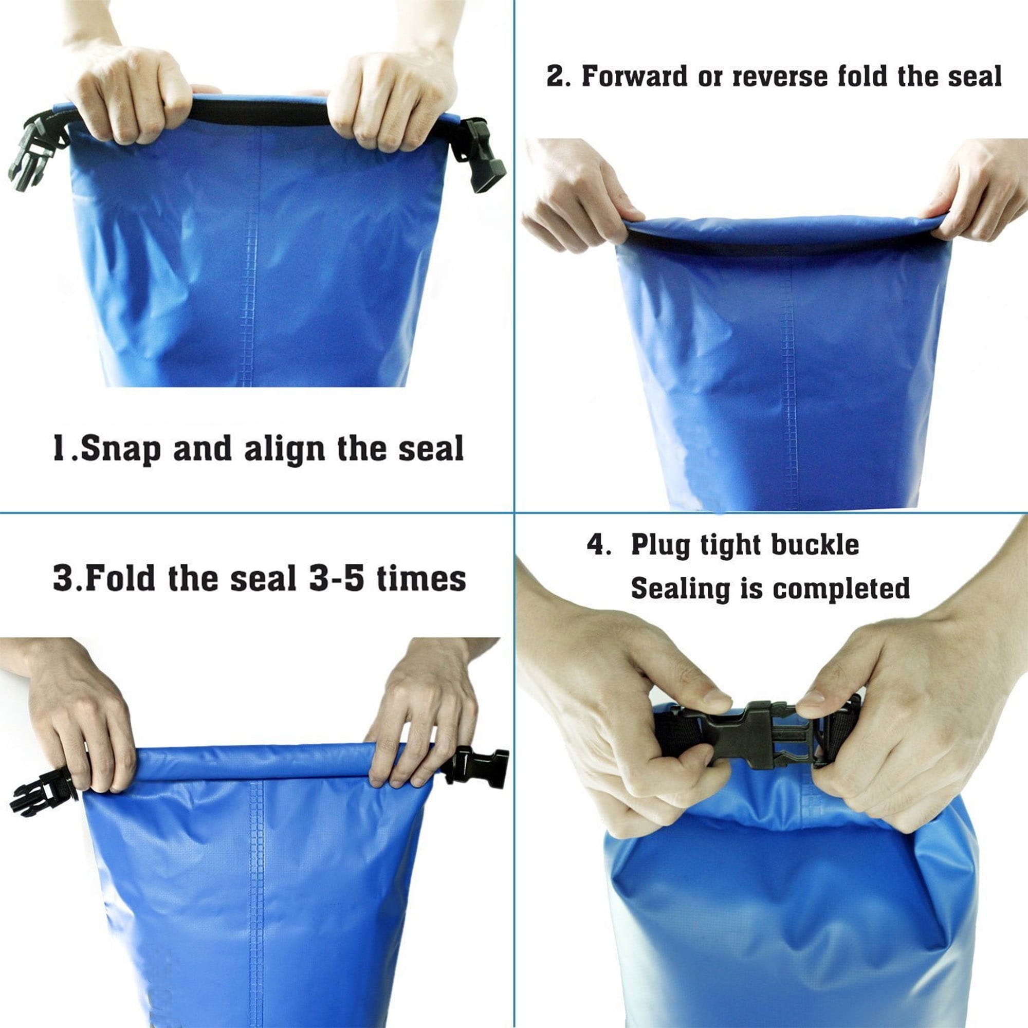 A blue Deluxe Dry Sack – 10L with step-by-step guide for sealing and securing the bag, featuring a logo.
