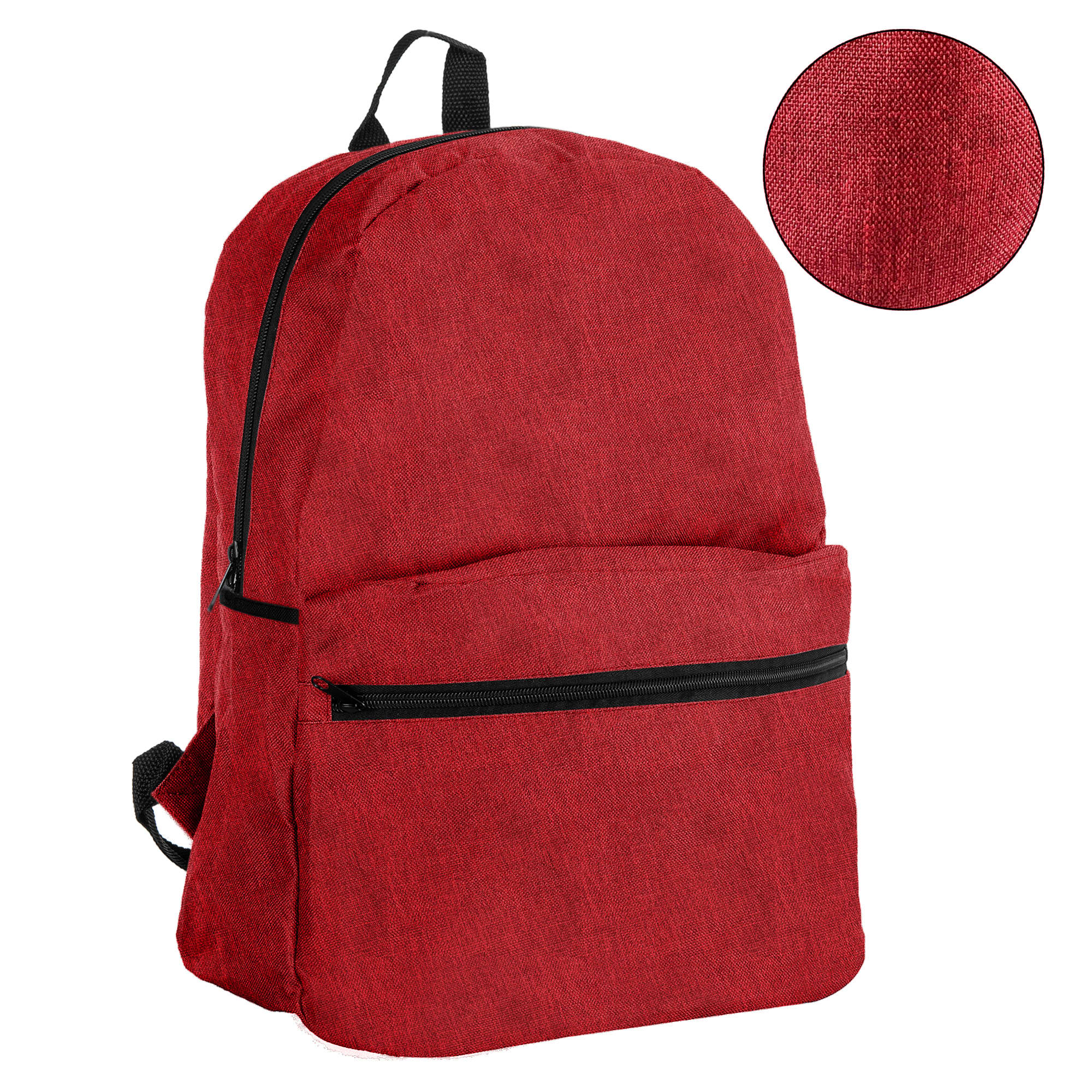 A red backpack featuring a front zip pocket and a textured fabric. It has adjustable straps and a logo.