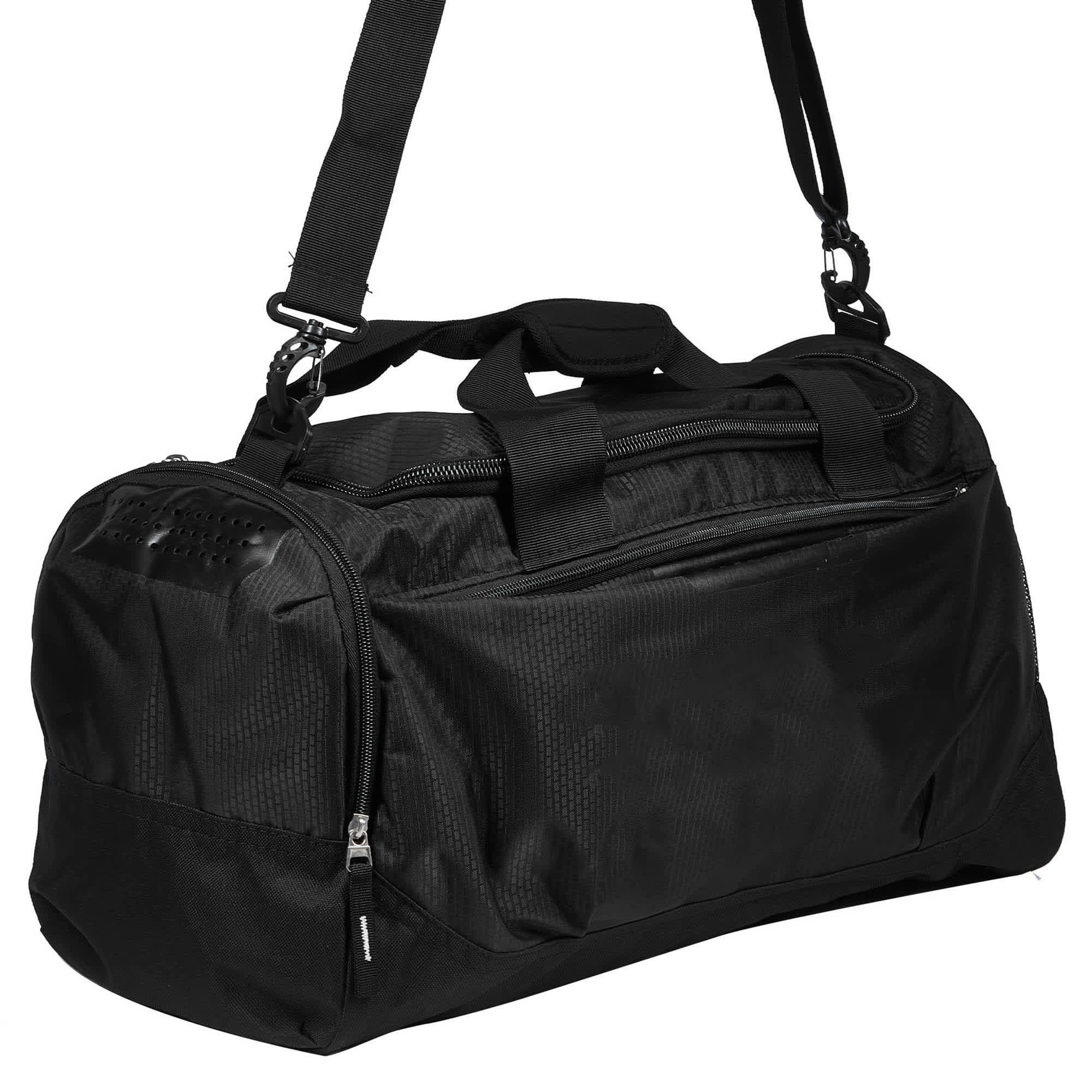 A black duffle bag with dual handles and an adjustable shoulder strap, featuring a zippered main compartment and logo.