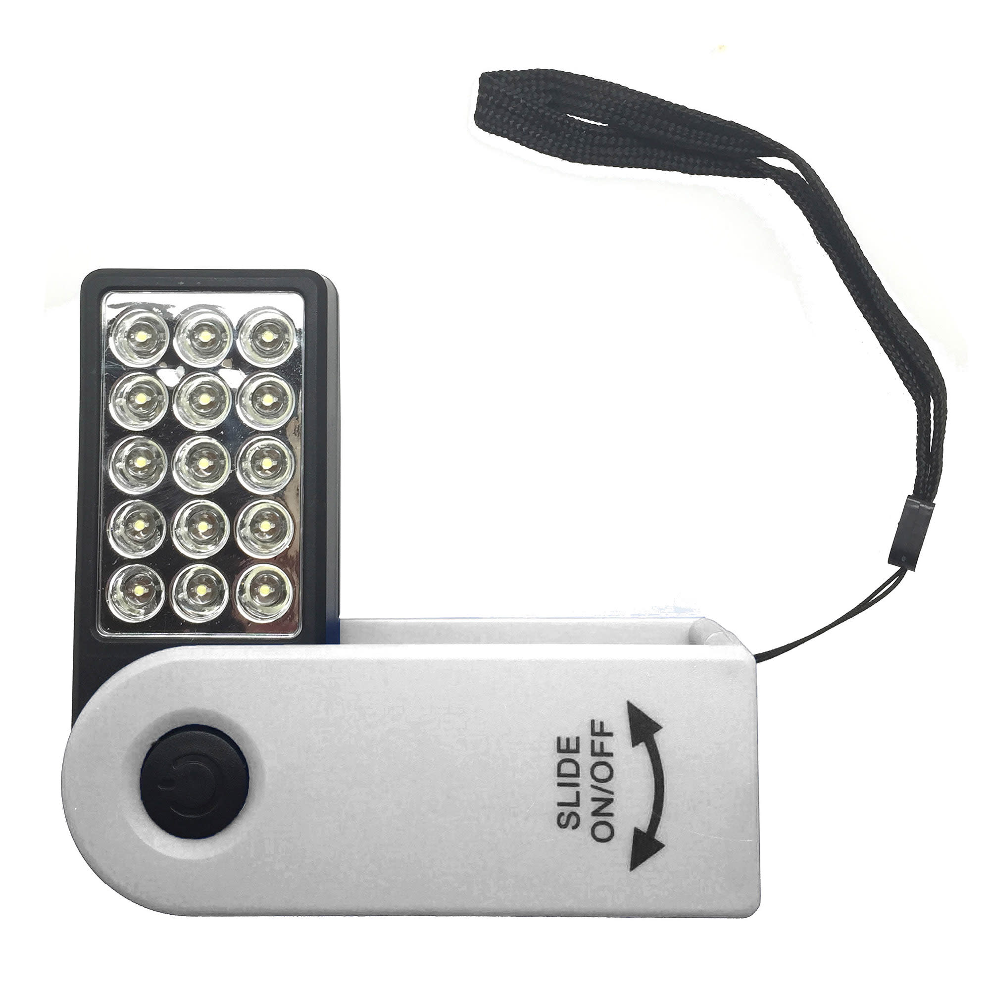 A 360-degree torch in white and black features multiple LED lights and a wrist strap for easy carrying.