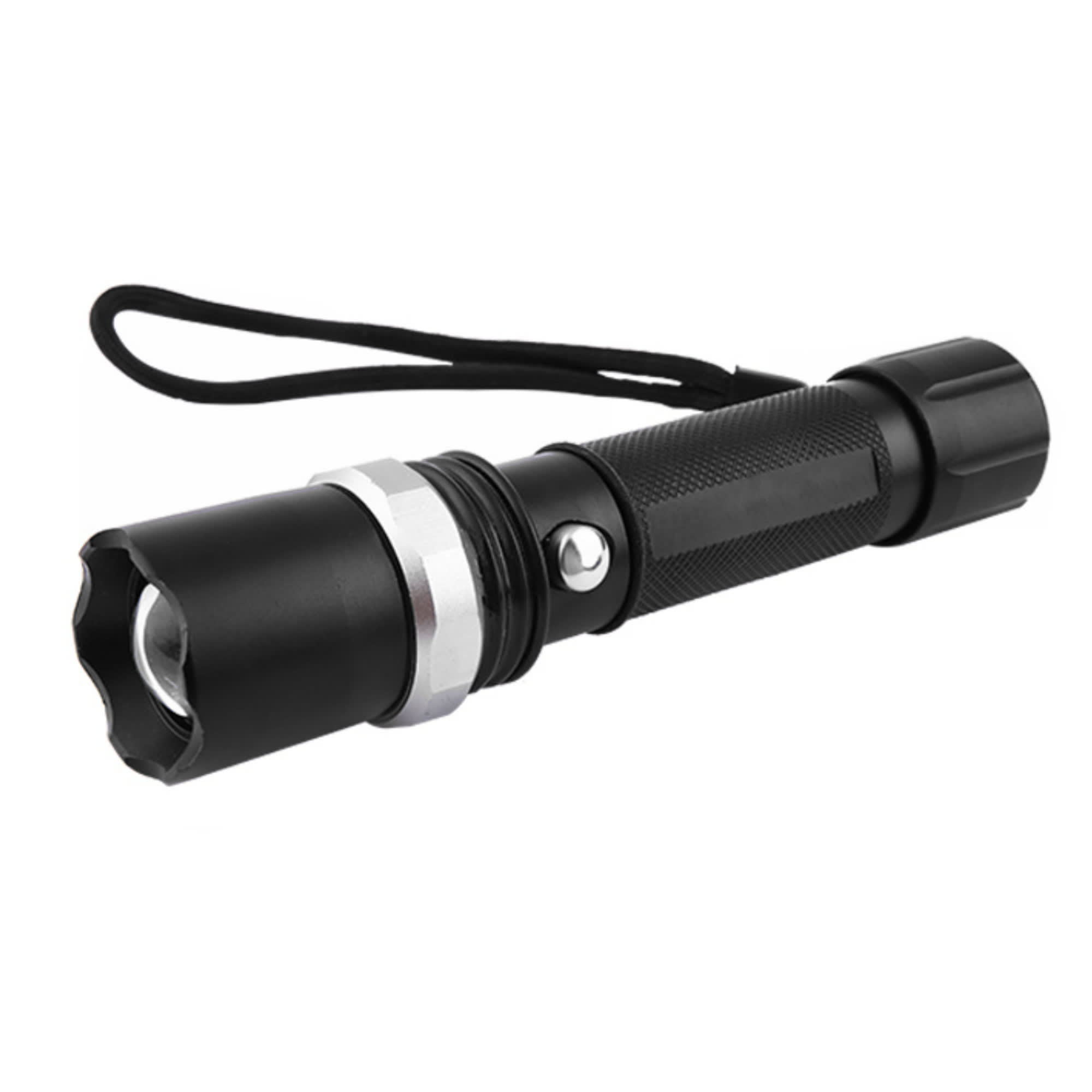 A black torch with a textured grip, featuring a silver accent and a wrist strap.