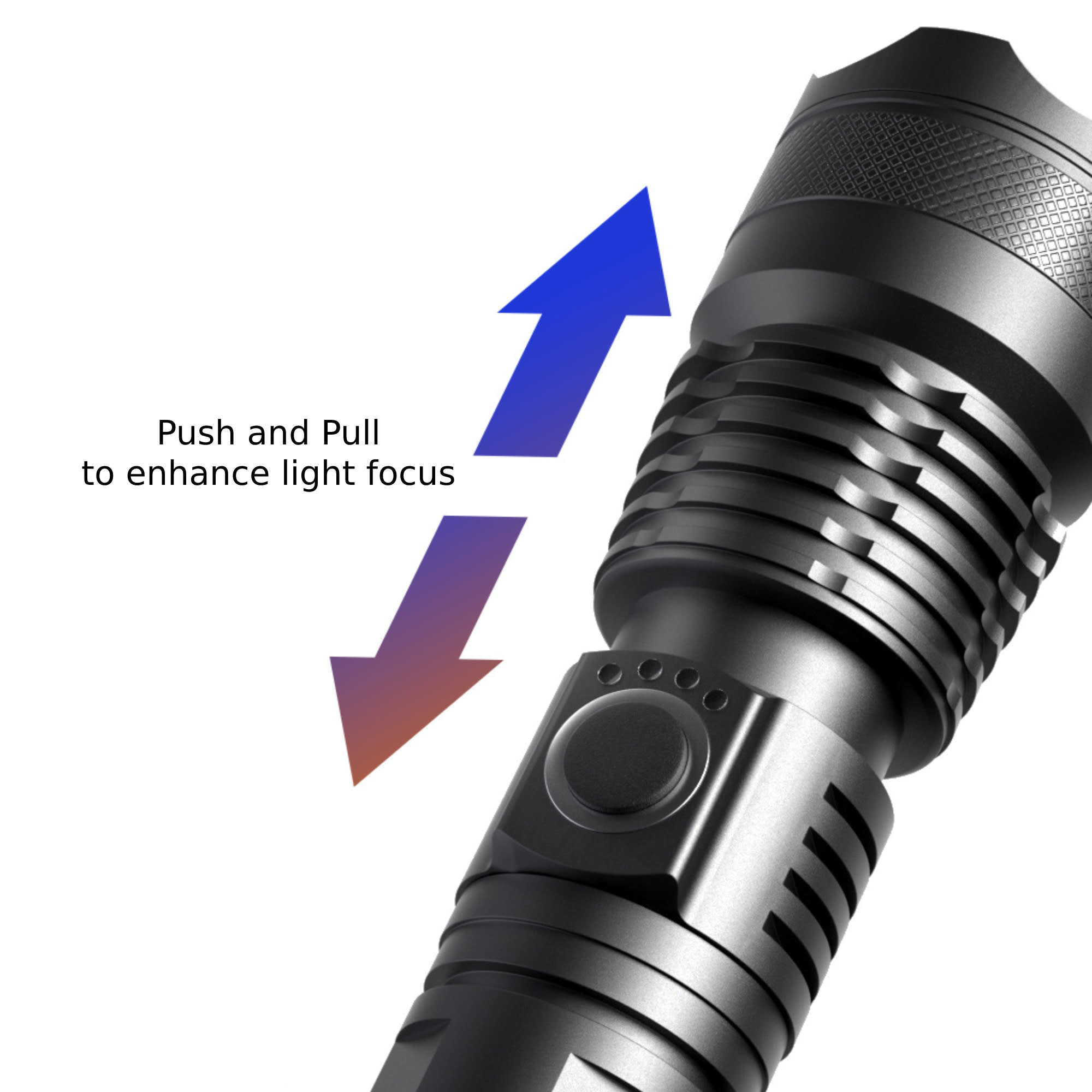 A black outdoor torch featuring a focus-enhancing design and a control button. It includes a logo on the body.