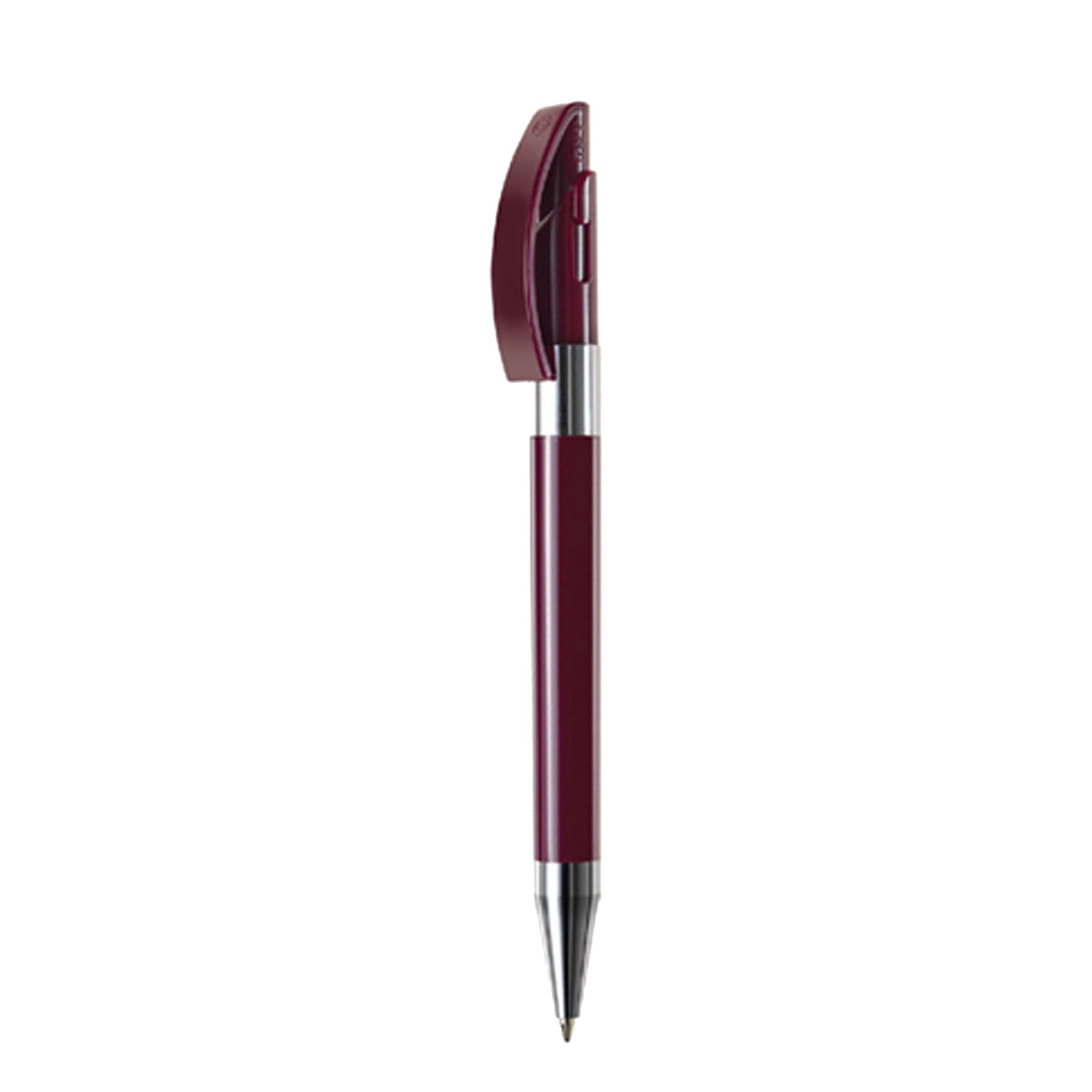 A burgundy metal pen with a sleek design and a silver clip. It features a branding logo on the barrel.