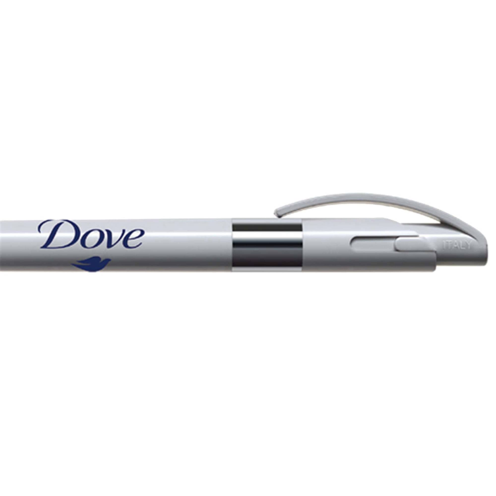 A metal pen in silver with a grey clip and a branding logo. The pen has a sleek, modern design.