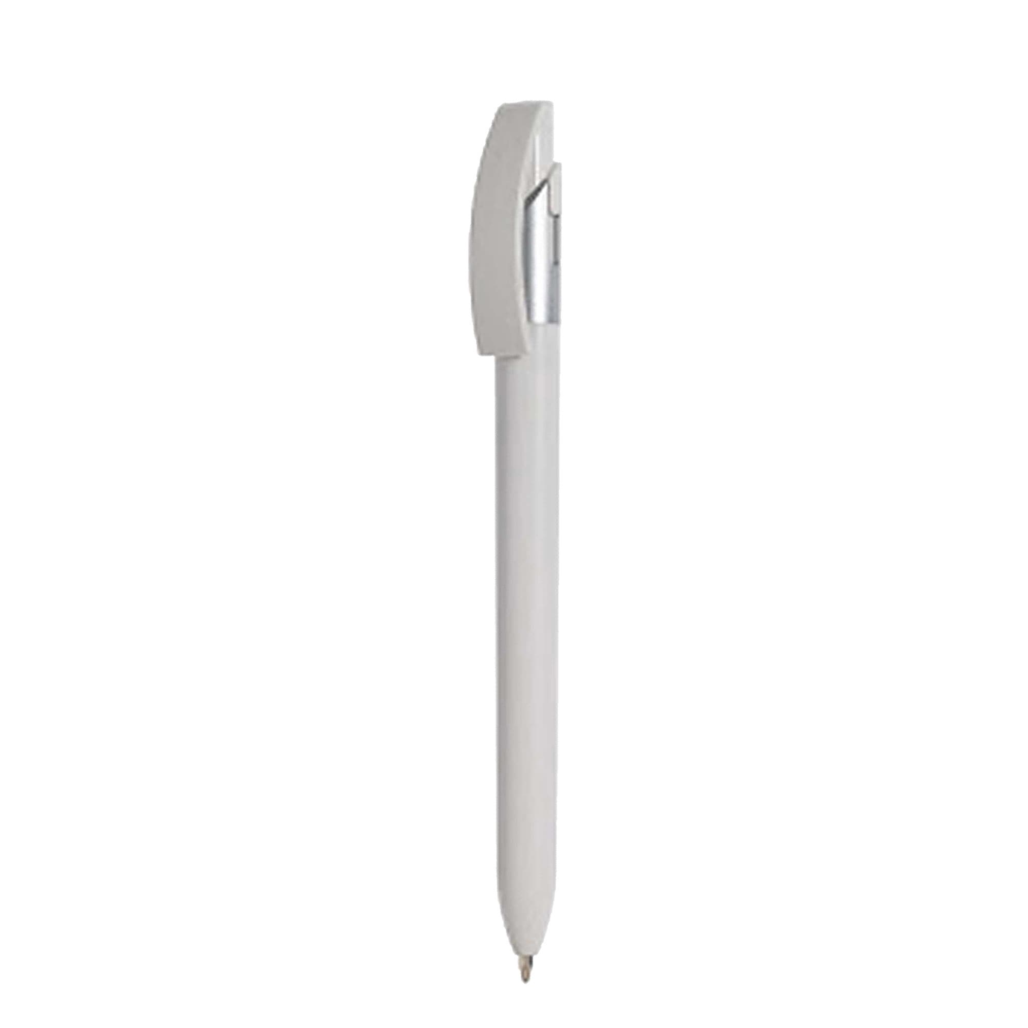 A plastic pen in white with a silver clip, featuring a simple and sleek design. It has a logo on the body.