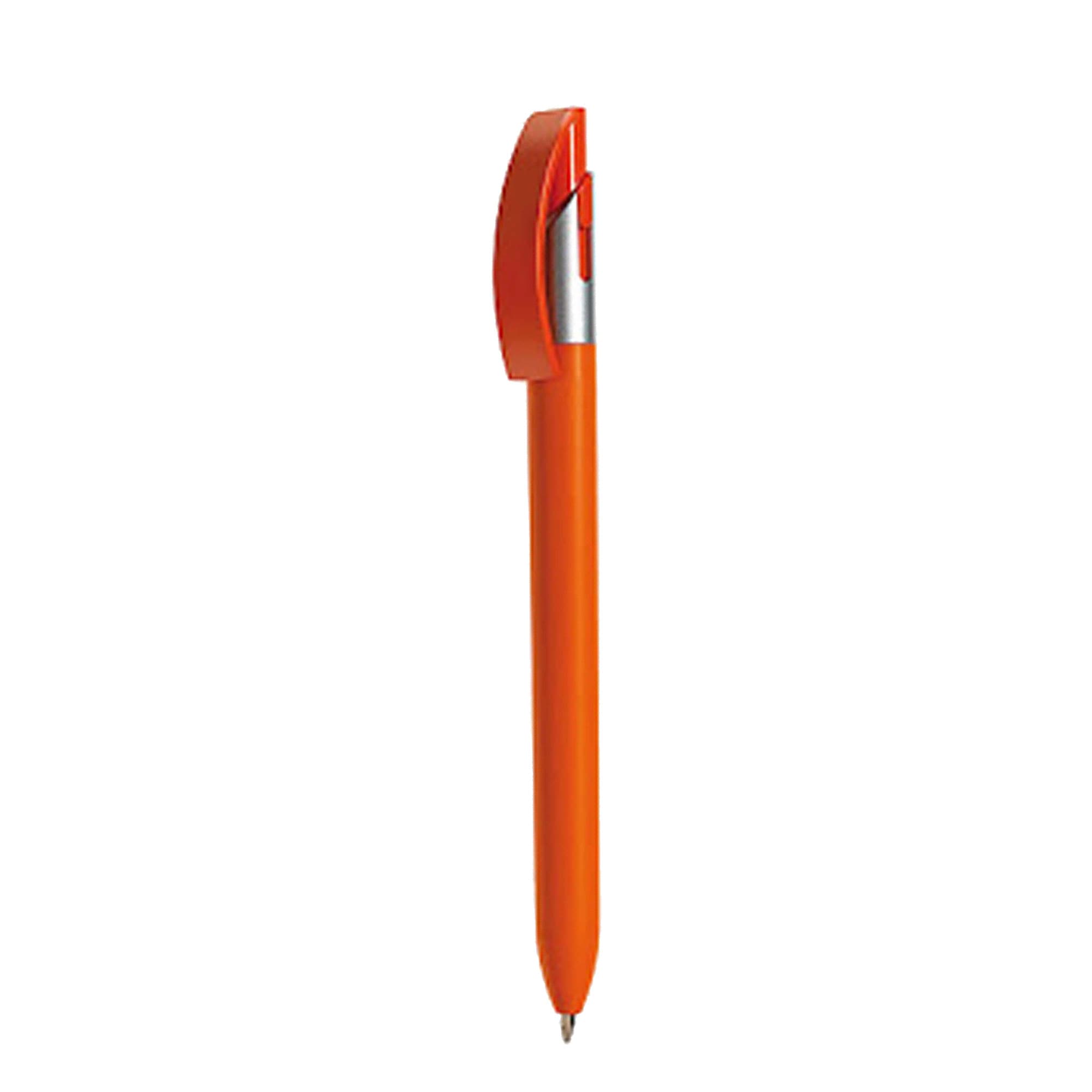 An orange plastic pen with a curved red clip and a silver accent. The pen has a smooth, sleek design.