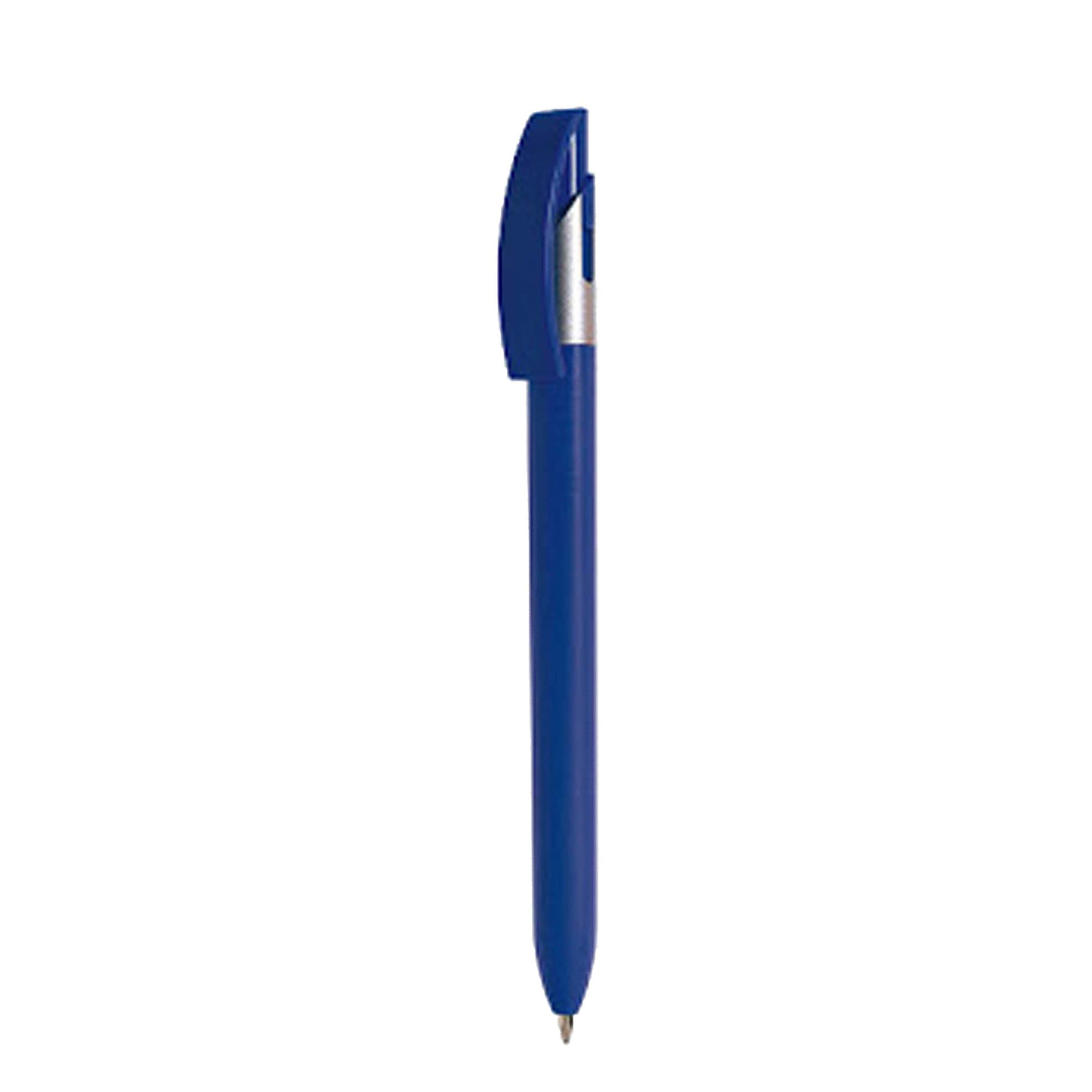 A blue plastic pen with a silver clip and a smooth barrel. Includes a logo on the side.