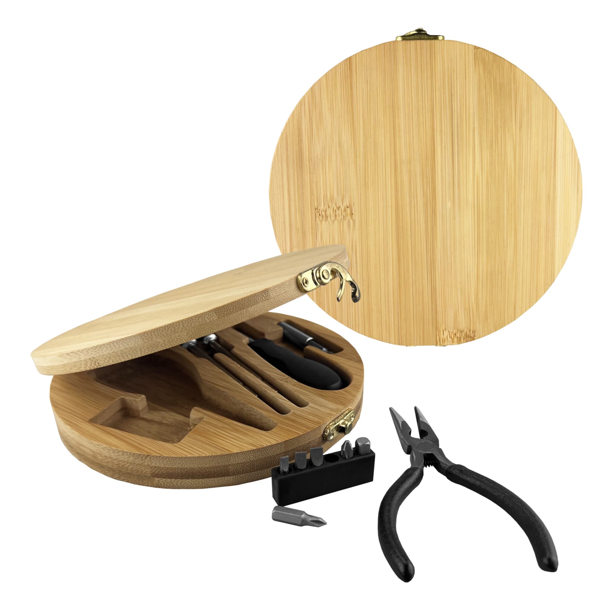 A bamboo toolkit in a circular case containing various tools including pliers and screwdriver bits, featuring a logo.
