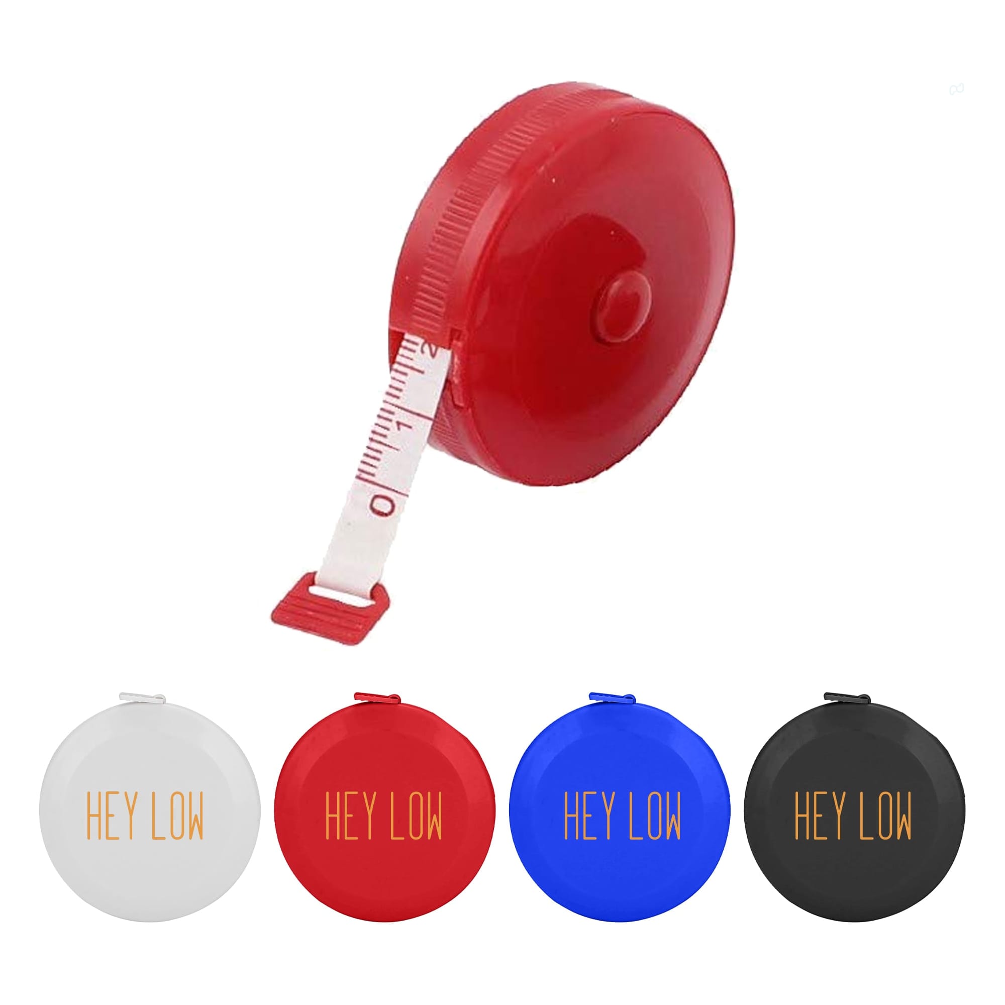 A compact red tape measure with a retractable white tape, alongside three additional coloured options: white, blue, and black.