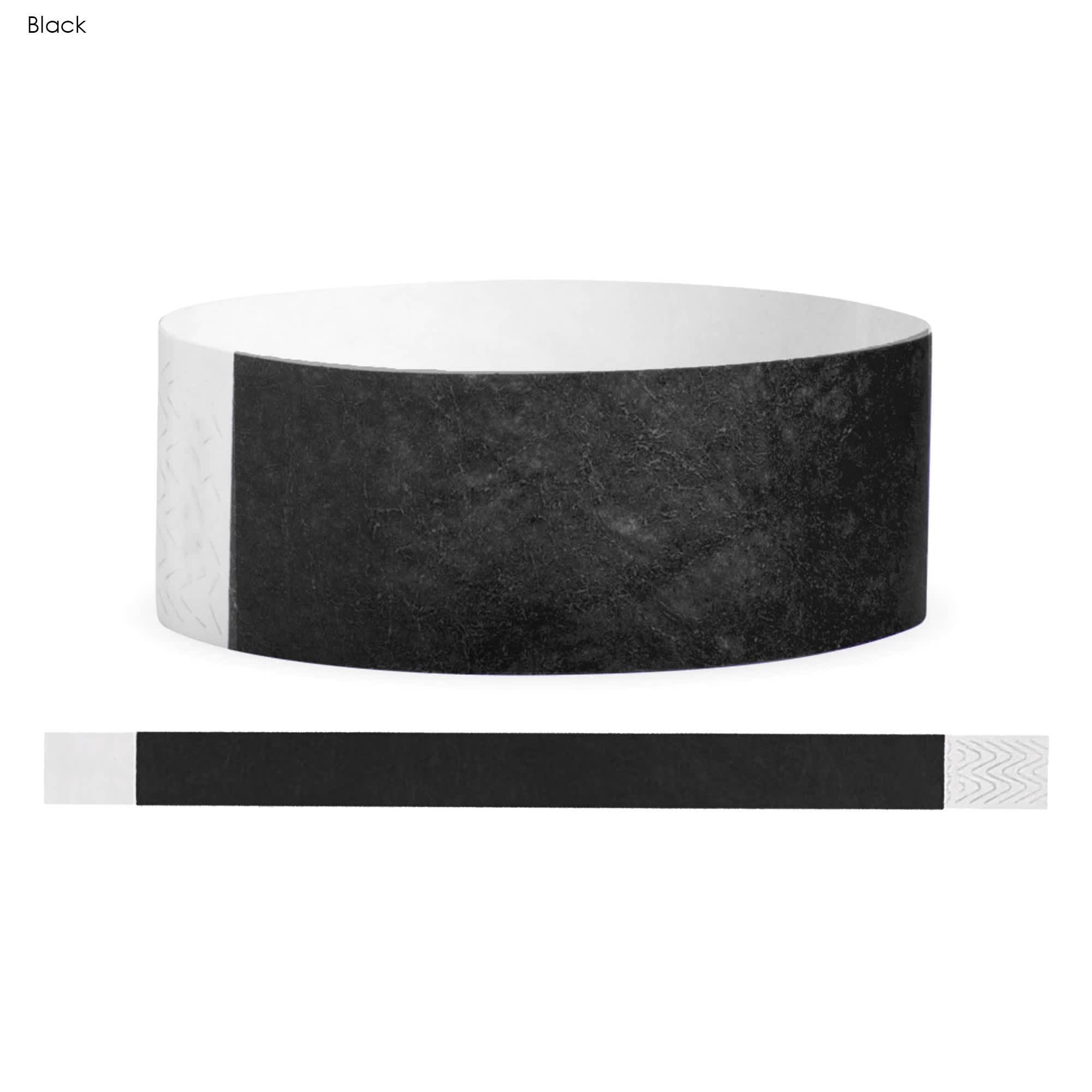 A black Tyvek adult wristband, 25mm wide, with a white section and a branding logo. Suitable for events and exhibitions.