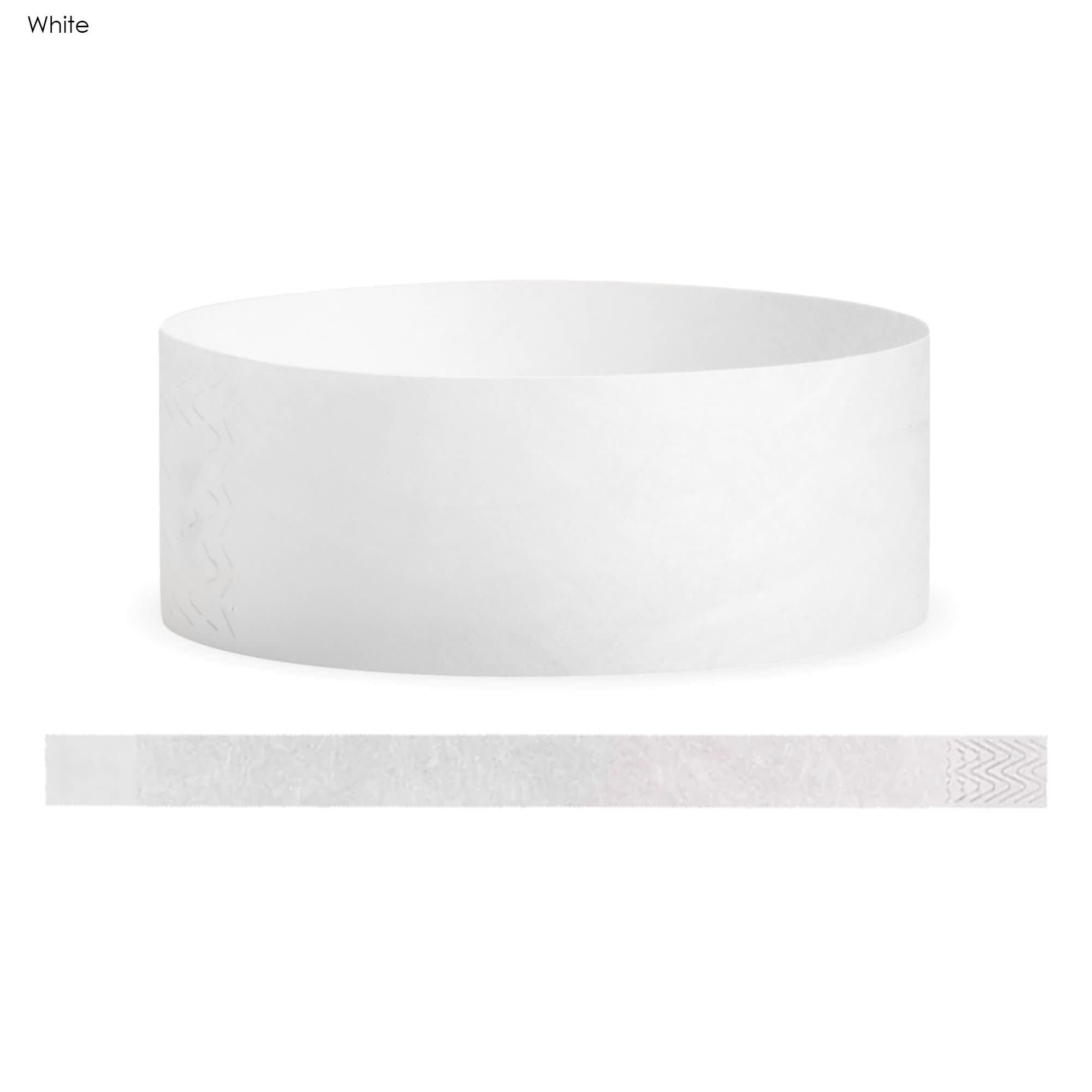 A white Tyvek adult wristband, 25mm wide, featuring a logo and a textured seal for fastening.
