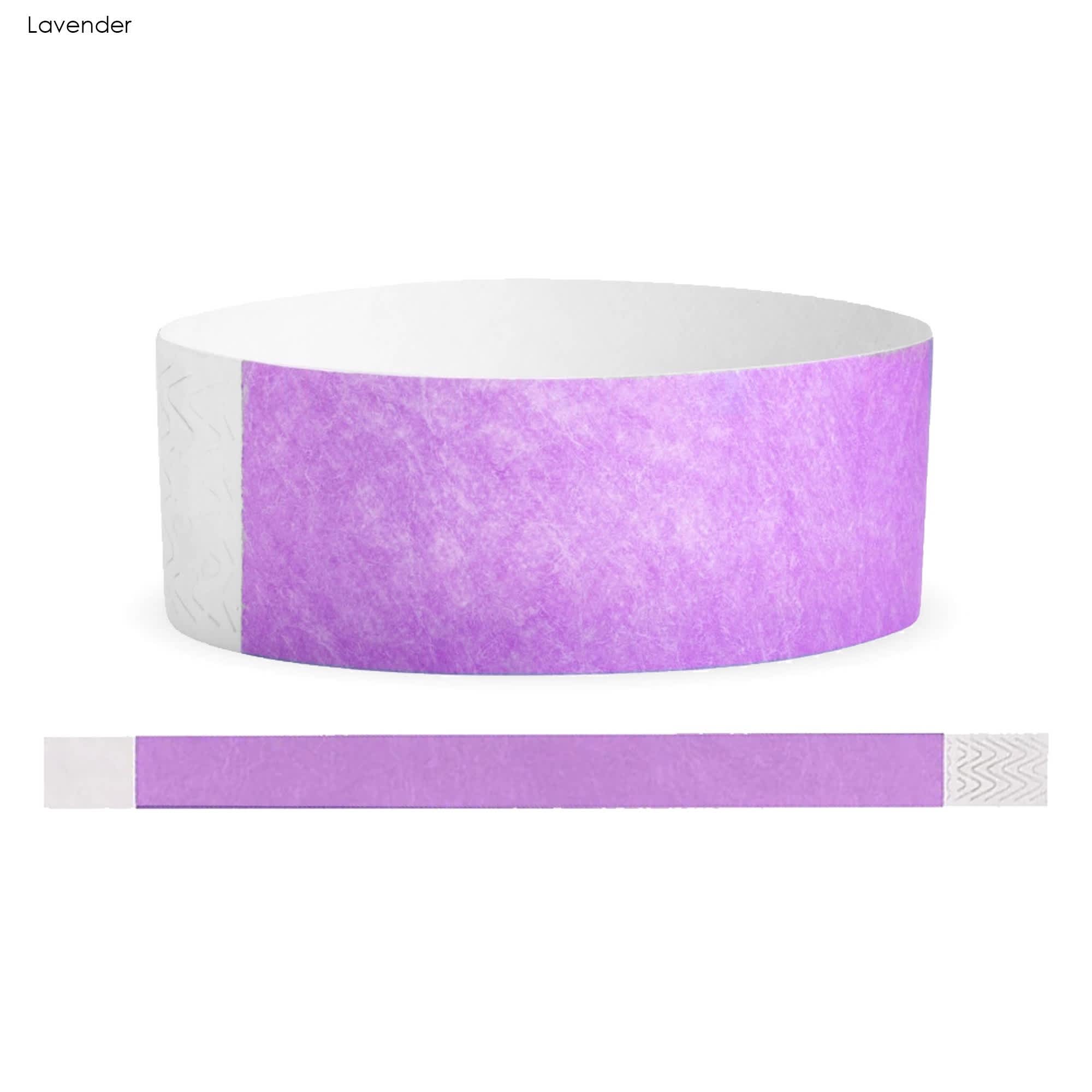 A lavender Tyvek adult wristband, 25mm wide, featuring a smooth texture and a secure fastening.