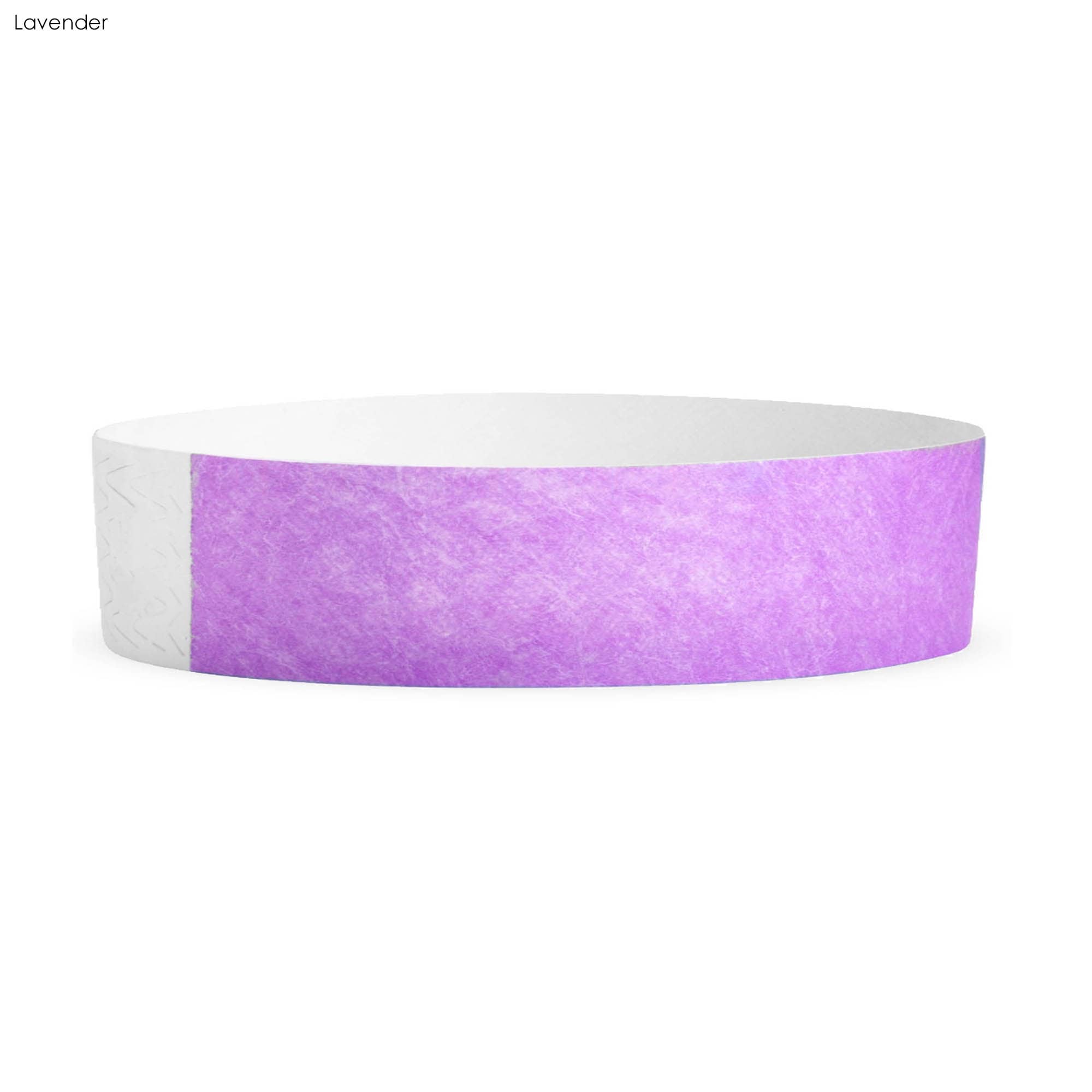 A lavender Tyvek wristband, 19mm wide, featuring a plain design with a logo. Suitable for events and exhibitions.