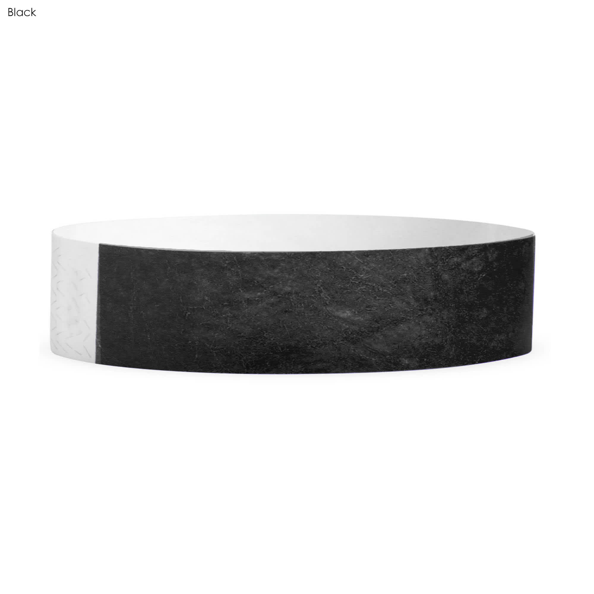 A black Tyvek kids wristband with a smooth, textured surface and a branding logo.