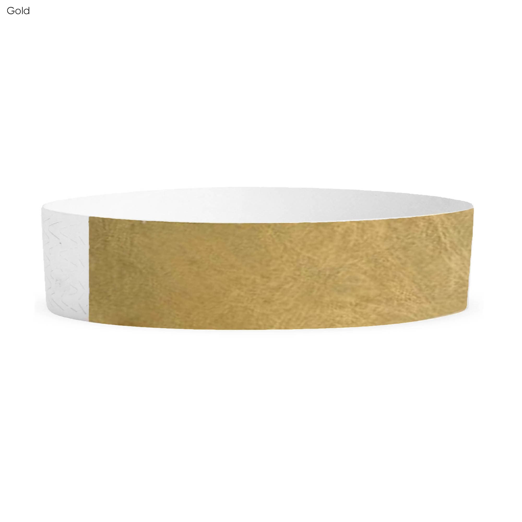 A gold and white Tyvek wristband, 19mm wide, designed for events and exhibitions. Includes a logo.