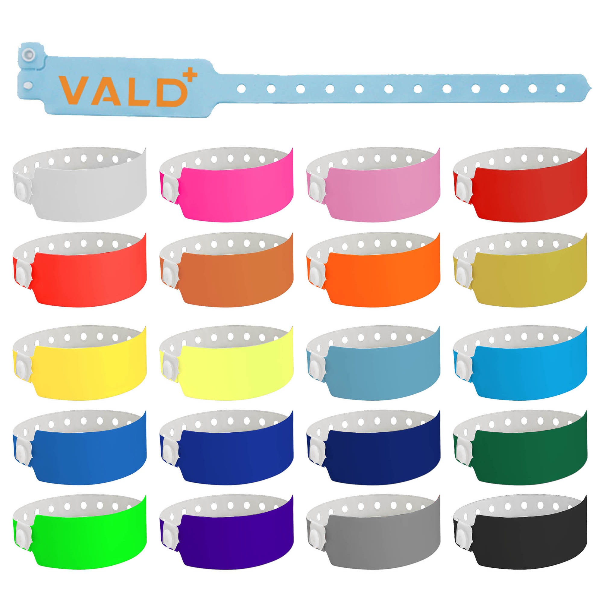 A collection of 25mm vinyl wristbands in various colours, featuring a logo on one band.