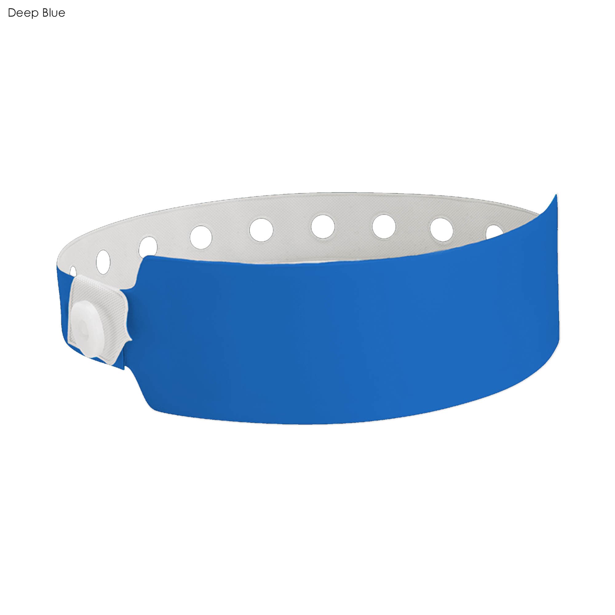 A deep blue vinyl wristband with white holes and a secure fastening, suitable for events and exhibitions.